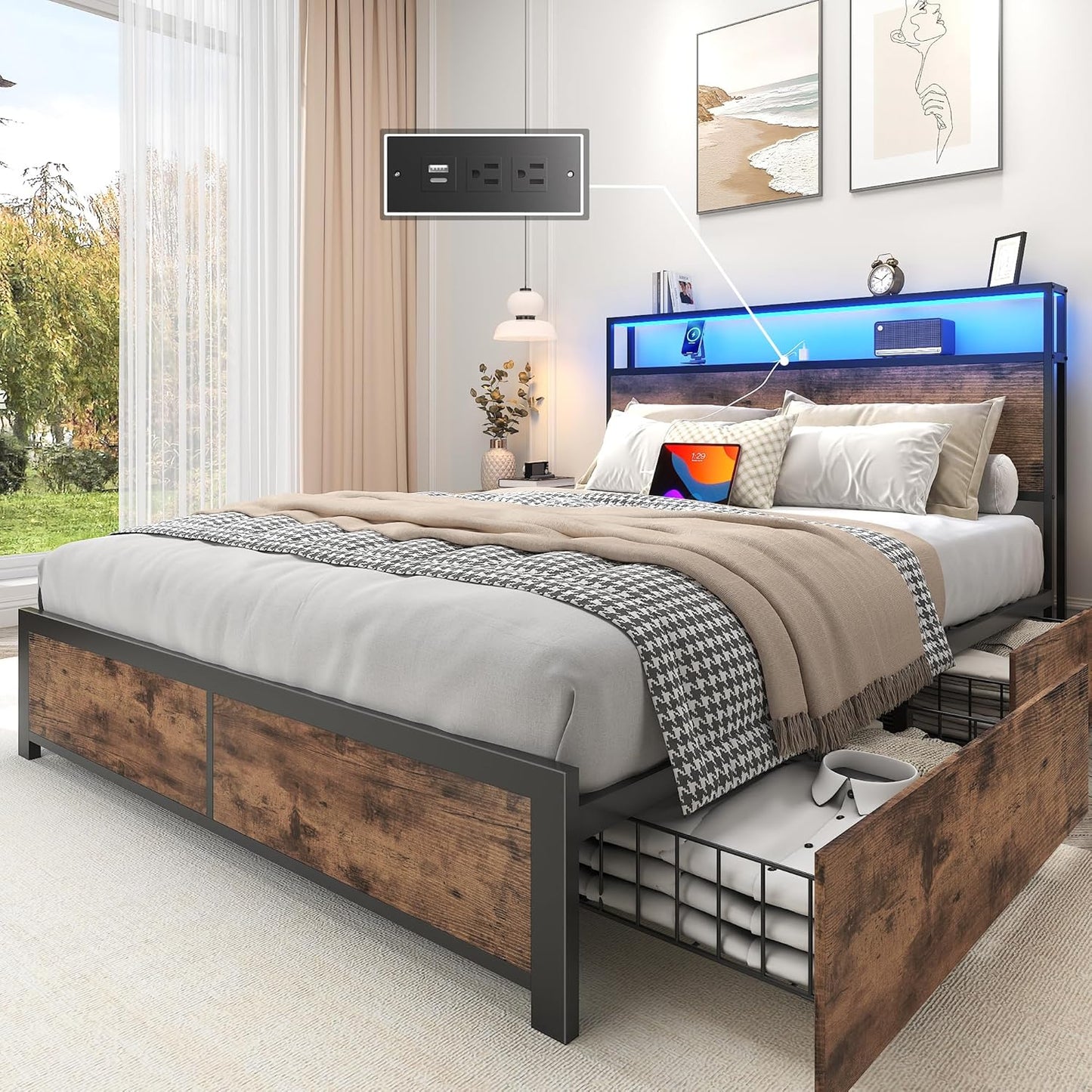 Lifezone Full Bed Frame with Storage Headboard and LED Lights