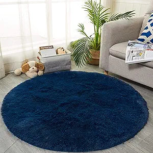 Ultra Soft Navy Blue Circle Fluffy Rug for Kids Room Decor