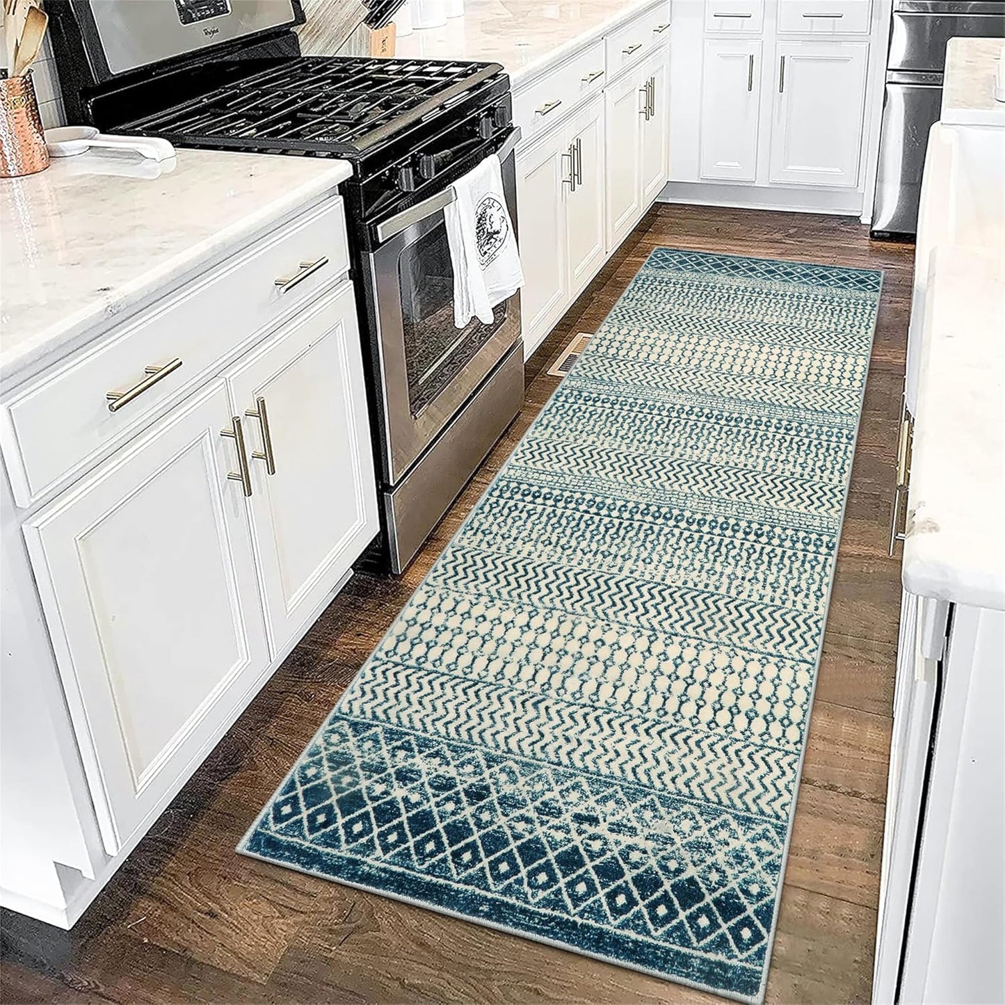 Moroccan Kitchen Runner Rug, Soft Non-Slip Vintage Blue Design