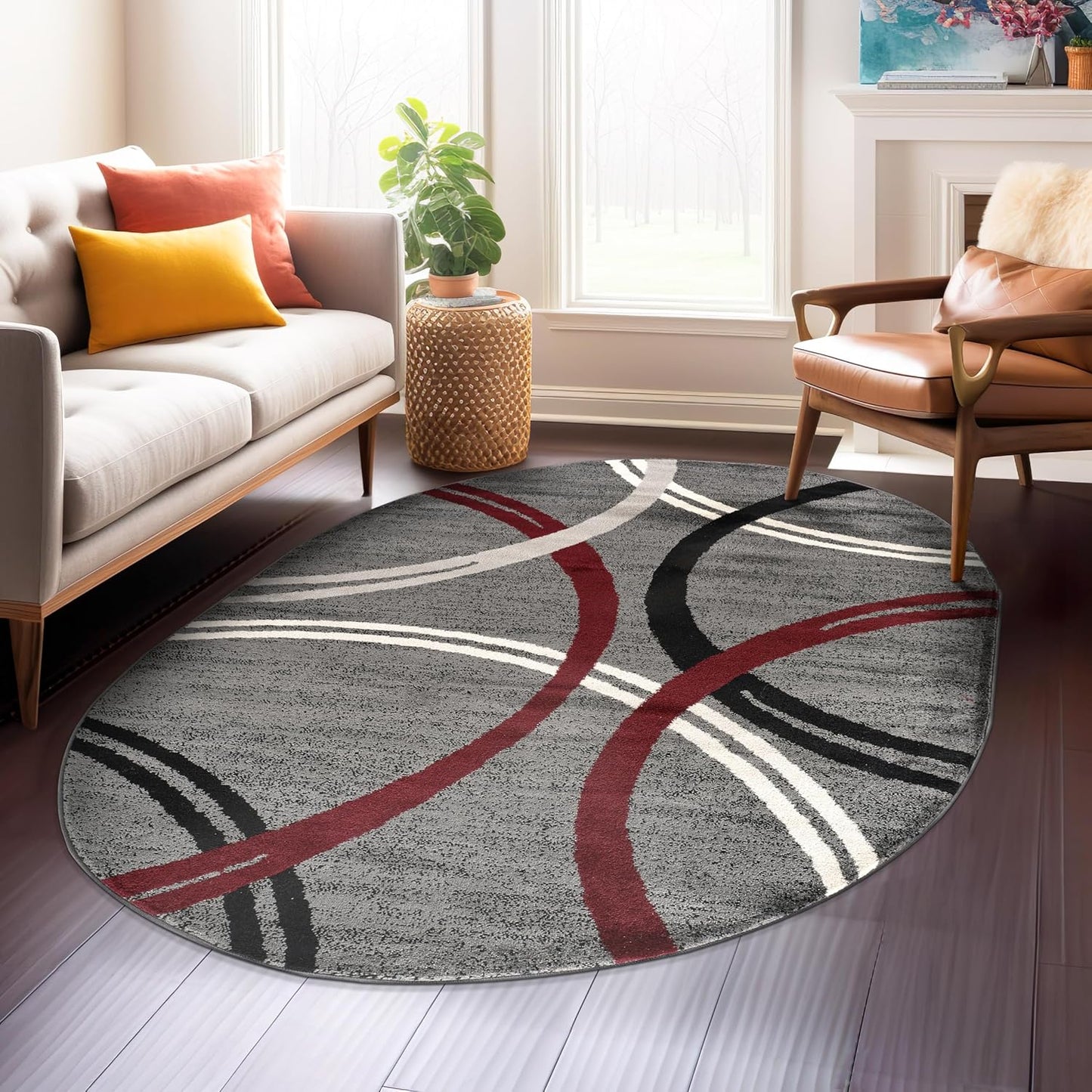 Rugshop Modern Wavy Circles Design Non-Shedding Oval Rug