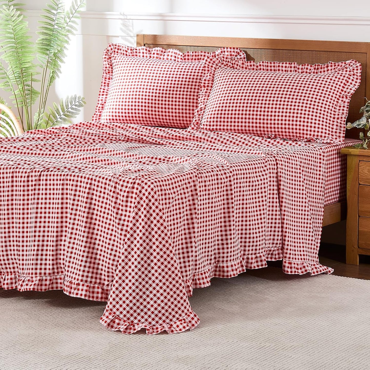 Gingham Sheet Set with Ruffle Trim for Cozy Farmhouse Style