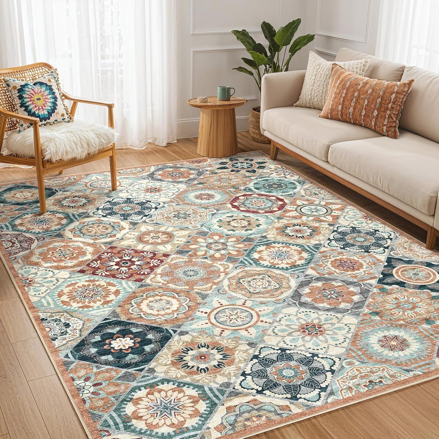 Soft Bohemian Floral Area Rug - Stain Resistant, Non-Slip, Washable