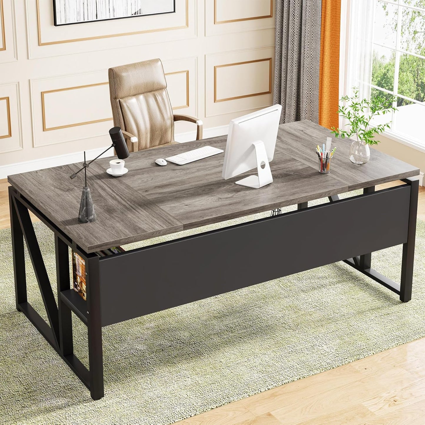 Tribesigns 63 Computer Desk with Storage - Dark Walnut