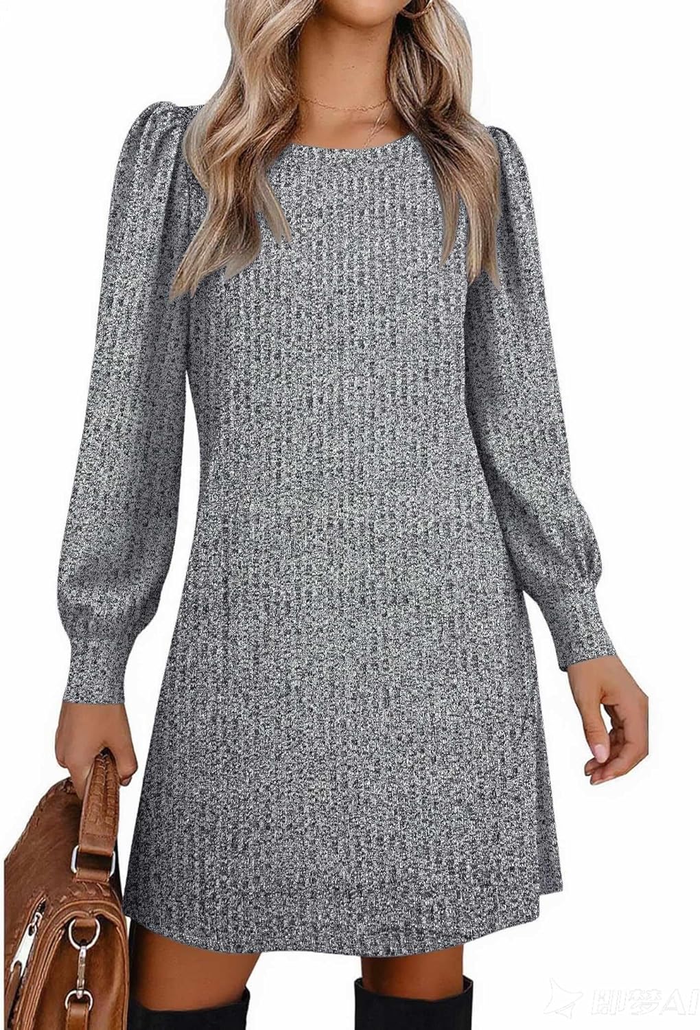 Stylish Women's Knit Dress with Puff Sleeves for Fall & Winter