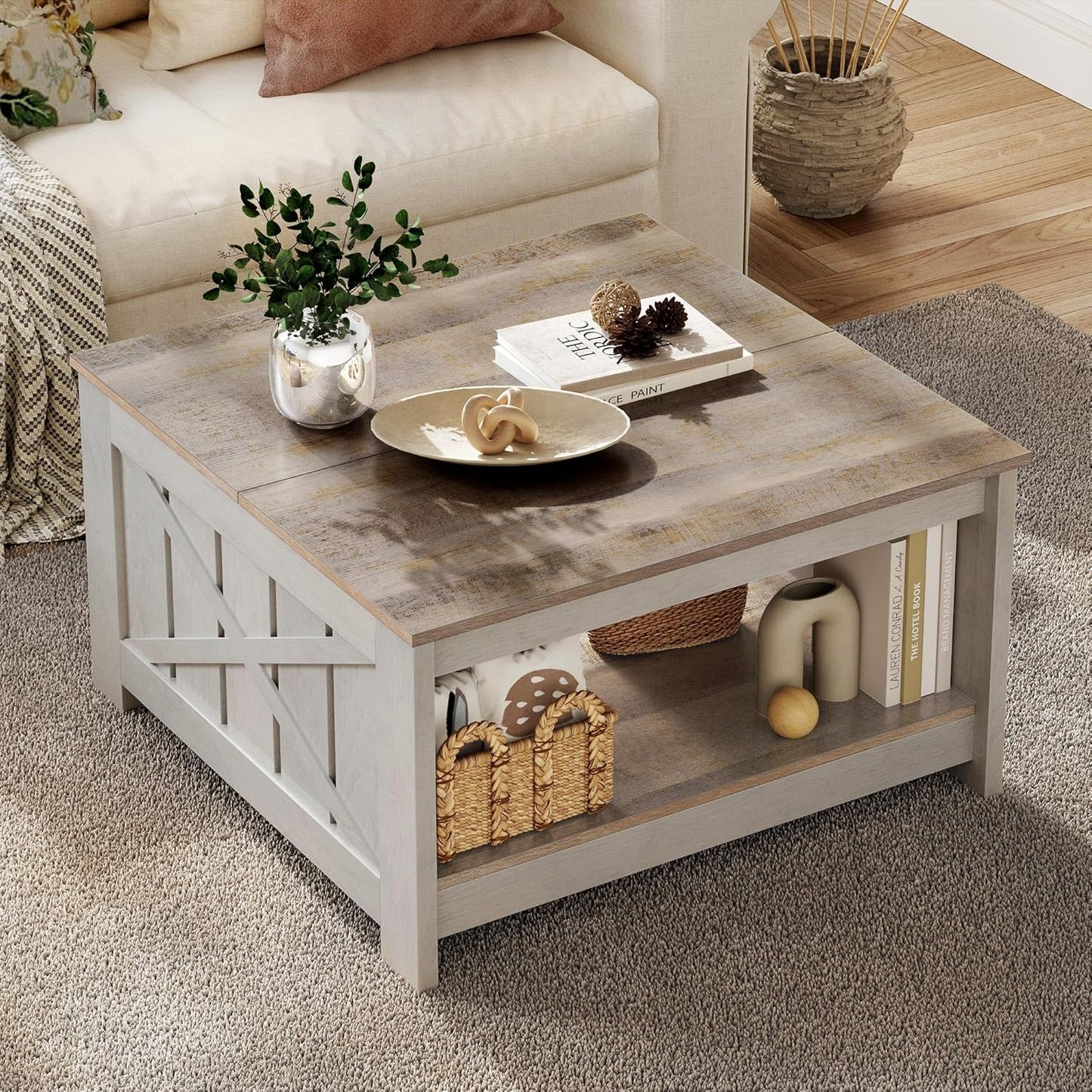 YITAHOME Grey Wash Coffee Table - 2-Tier Storage