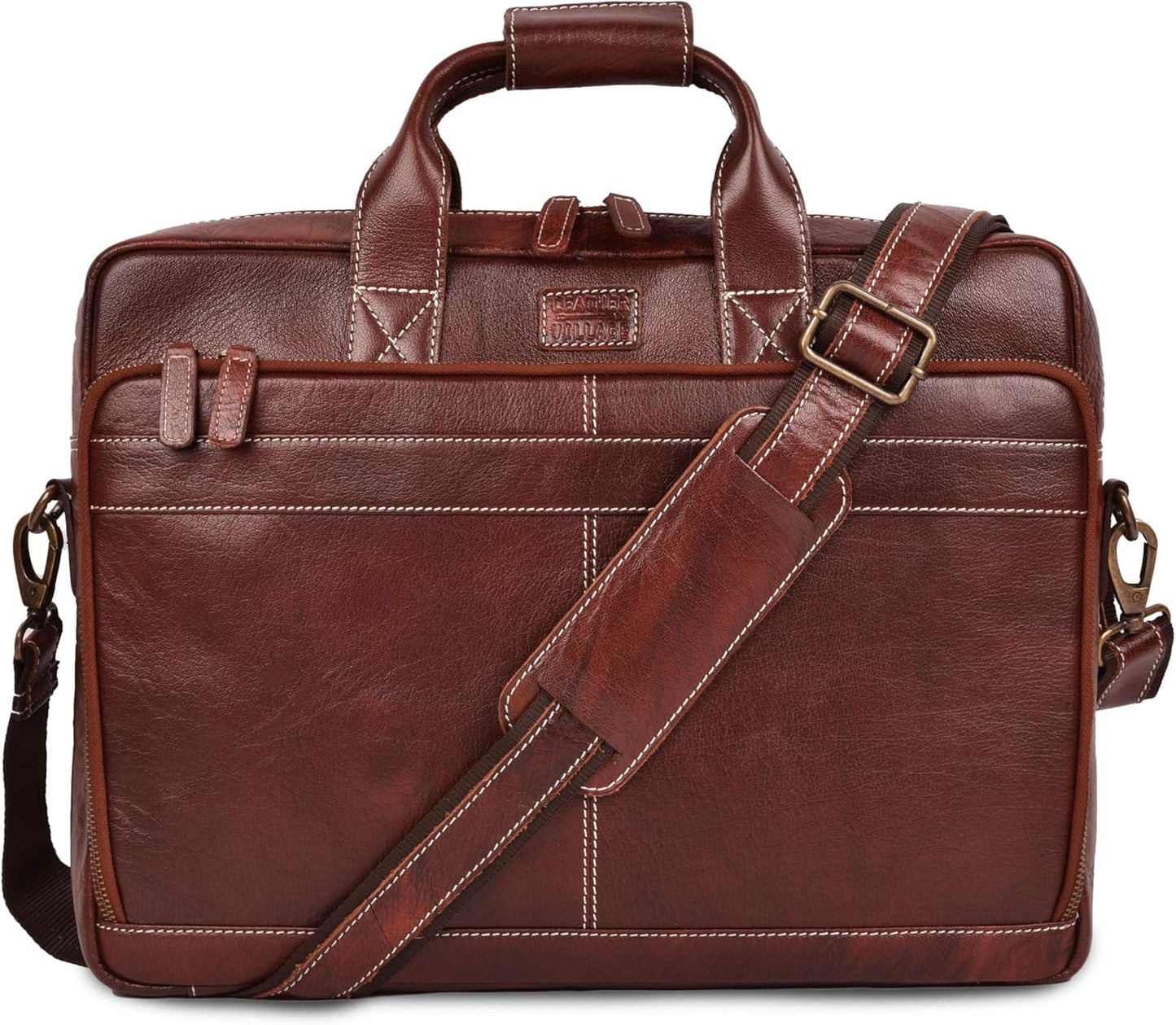 16in Leather Laptop Messenger Briefcase Bag for Men - Red Brown