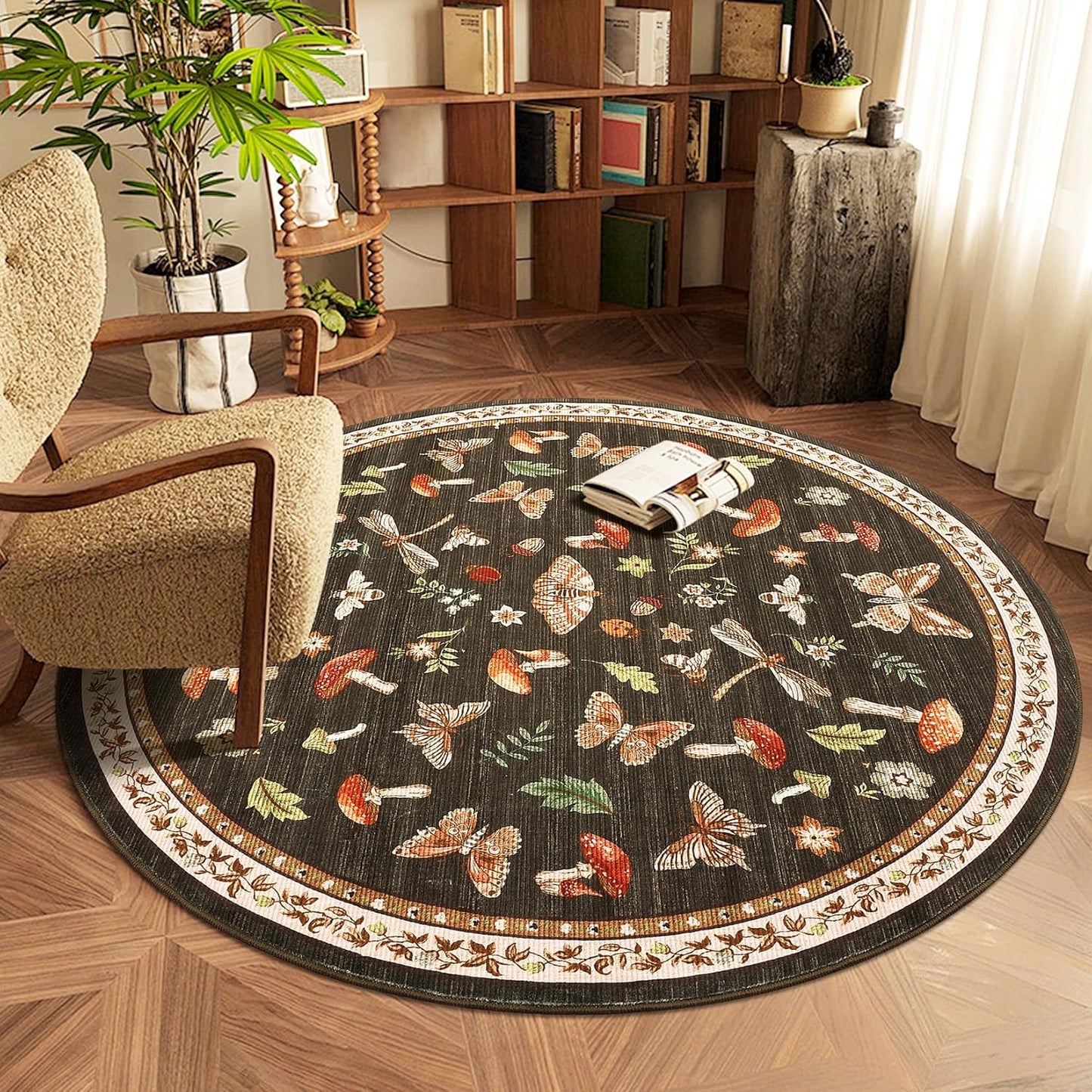 Mushroom Insect 4ft Round Rug for Kitchen and Bedroom Decor