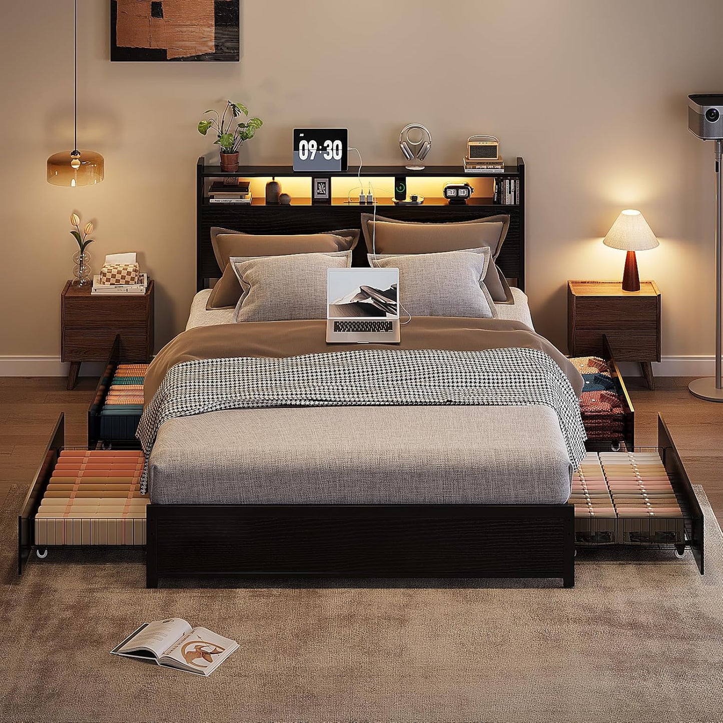 VINGLI Queen Platform Bed Frame with Storage and LED Lights