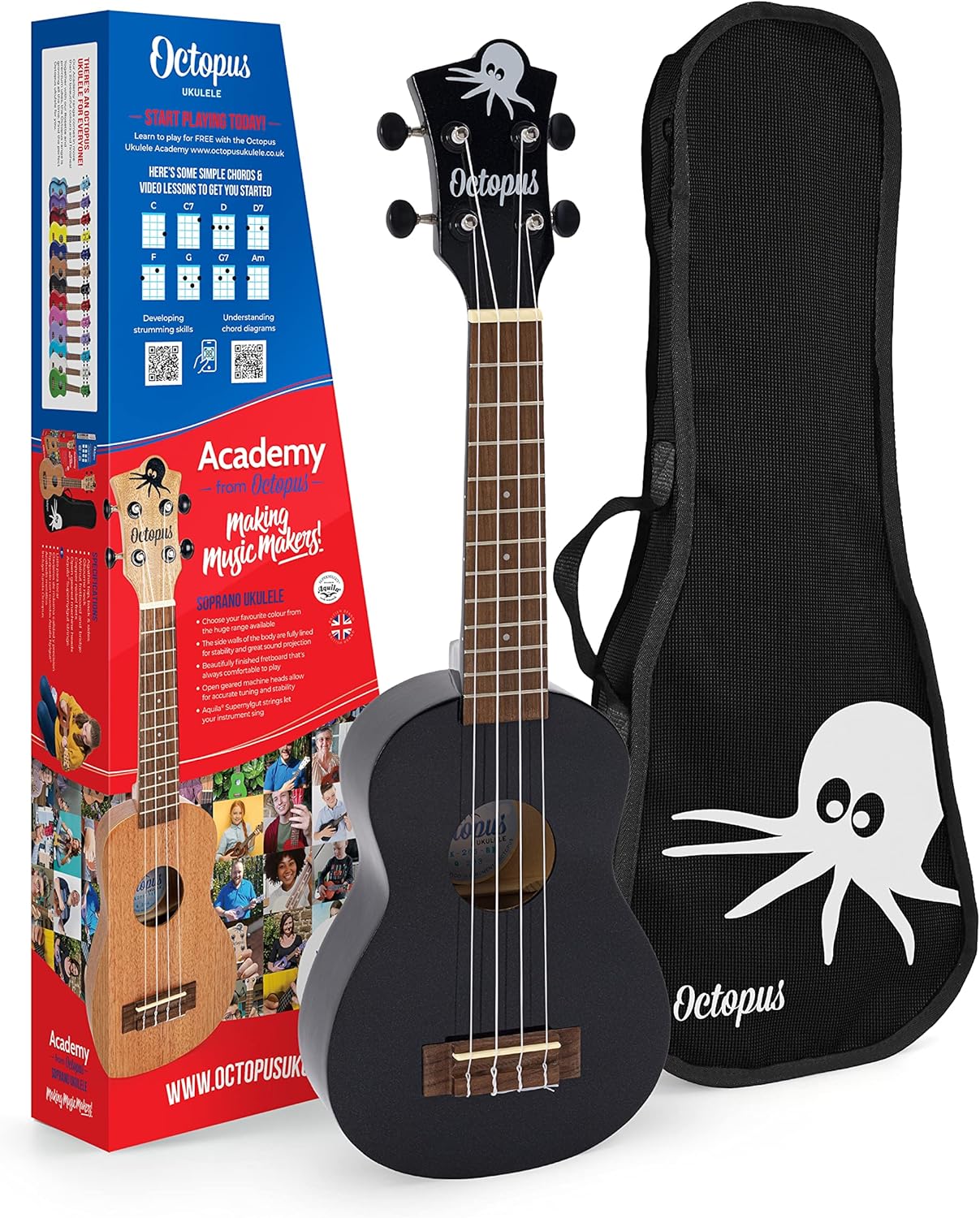 Octopus Soprano Ukulele with Aquila Nylgut Strings and Gig Bag