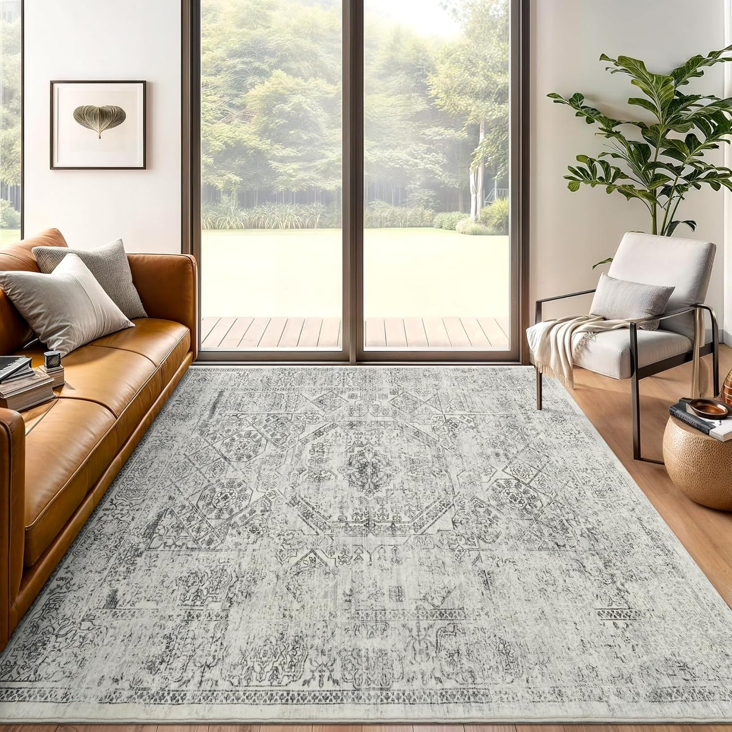 5x7 Area Rugs Grey Low Pile Indoor Washable Floral Design