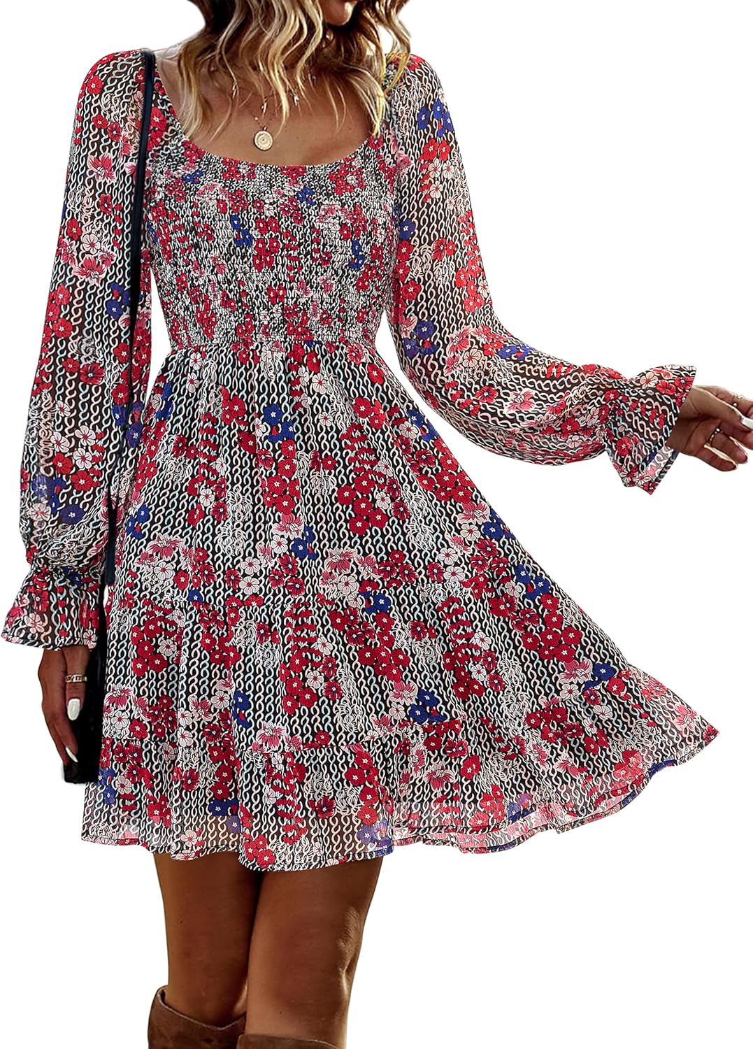 Womens Long Sleeve Dress with Square Neck and Floral Print