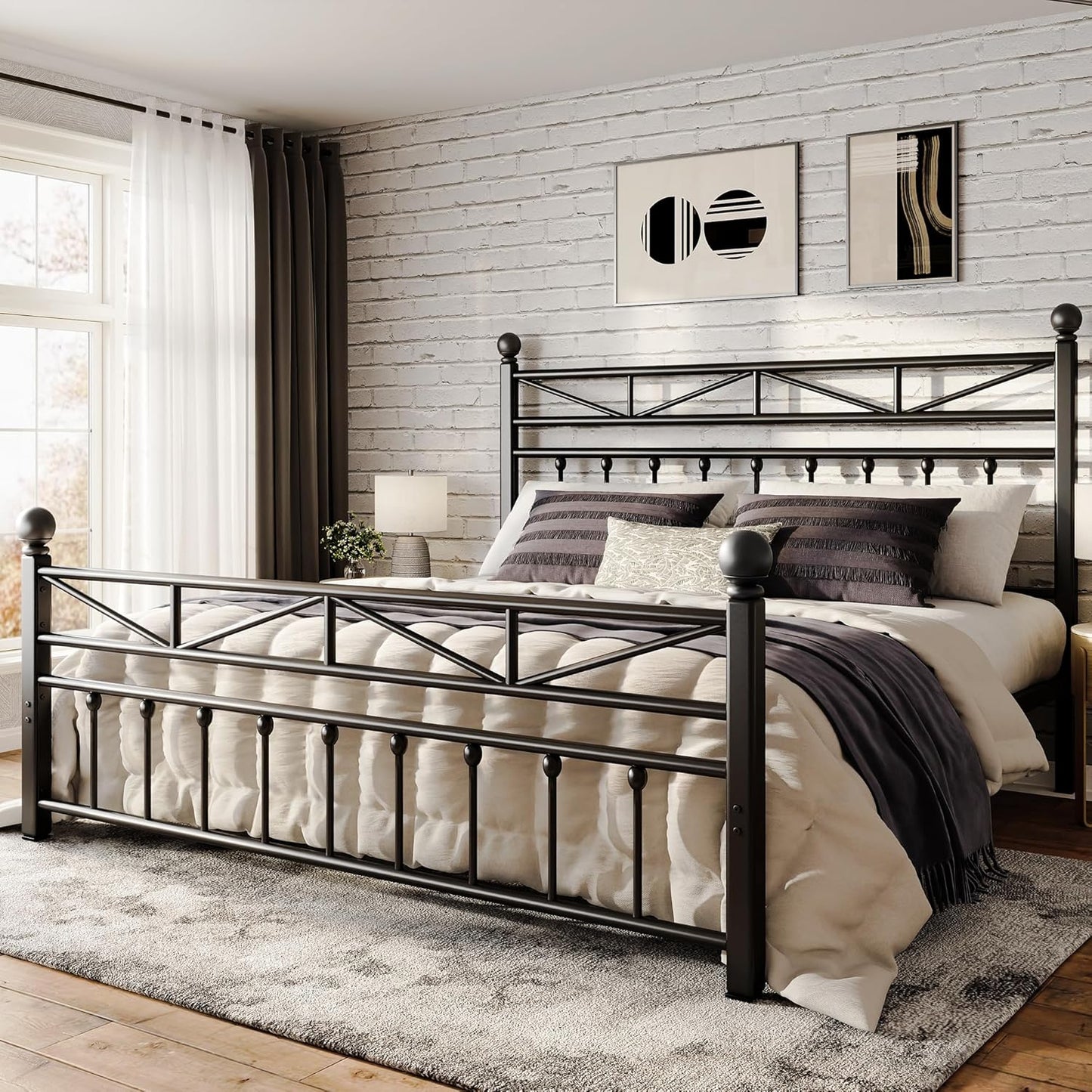 54in Metal Full Size Bed Frame with LED Light and Storage
