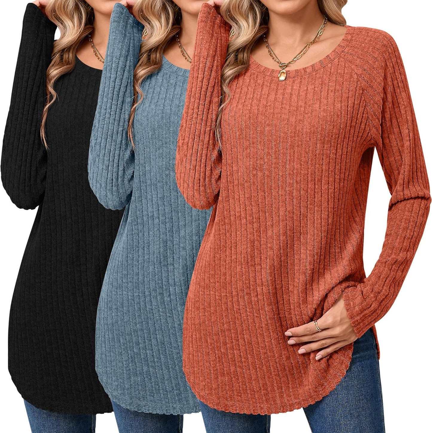 Ficerd Women's Curved Hem Long Sleeve Sweaters for Fall Style