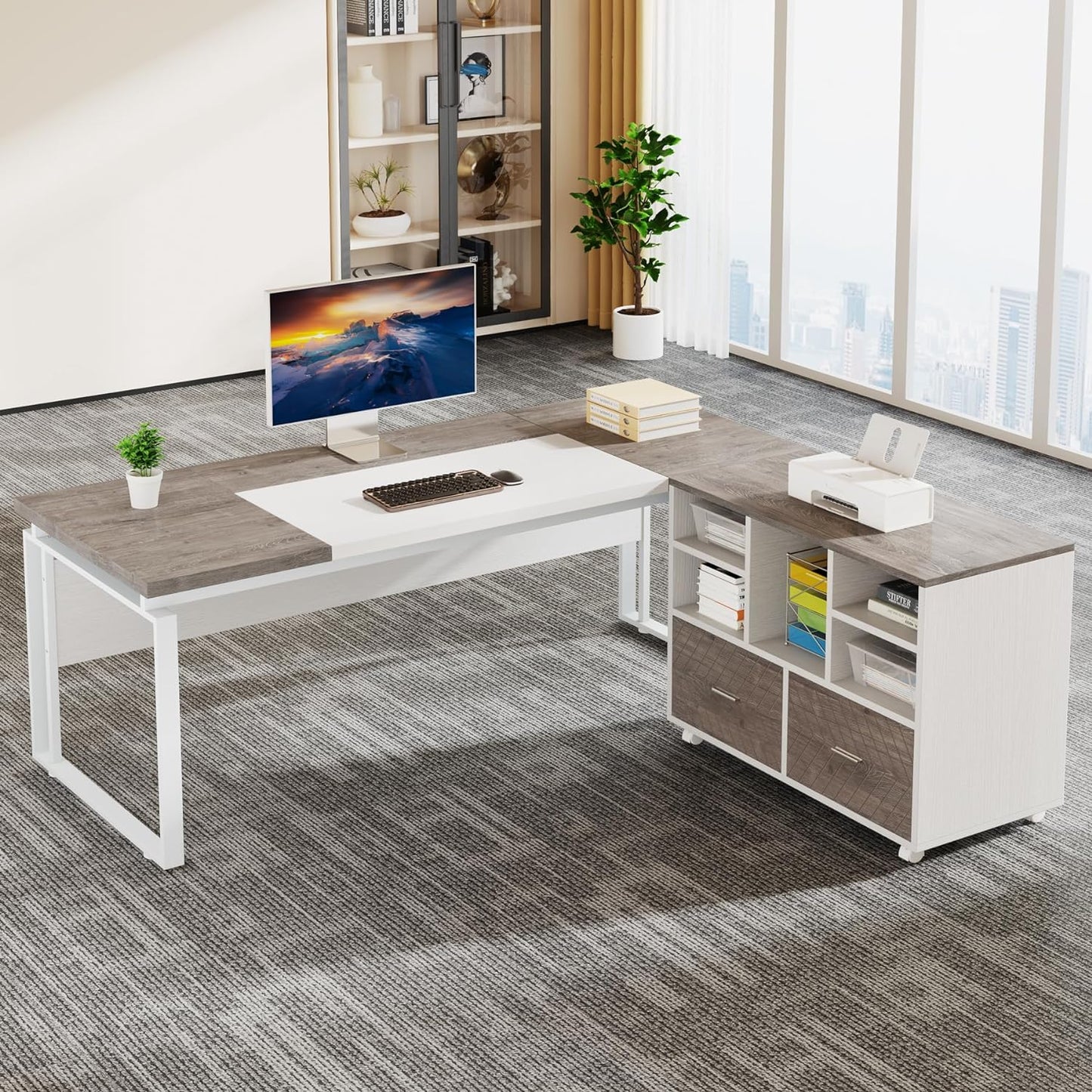 Tribesigns 63 L-Shaped Desk with File Cabinet
