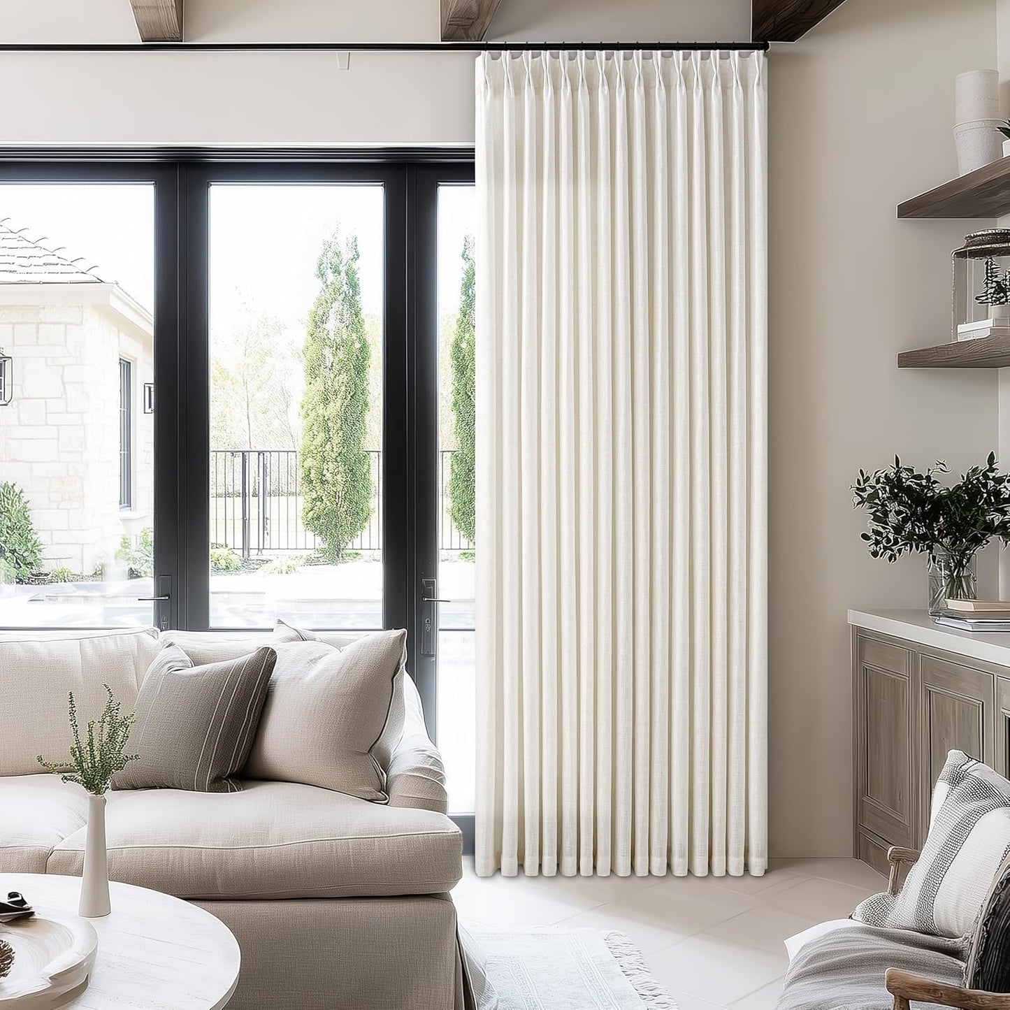 Natural Linen Pinch Pleated Curtains 108 Inch Long for Living Room