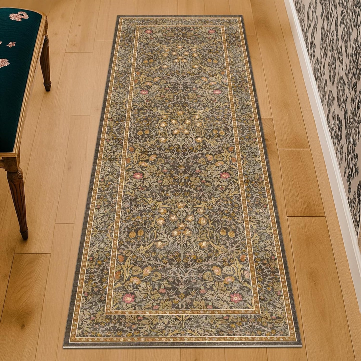 Non Slip 2x7 Gold Brown Hallway Runner for Vintage Decor