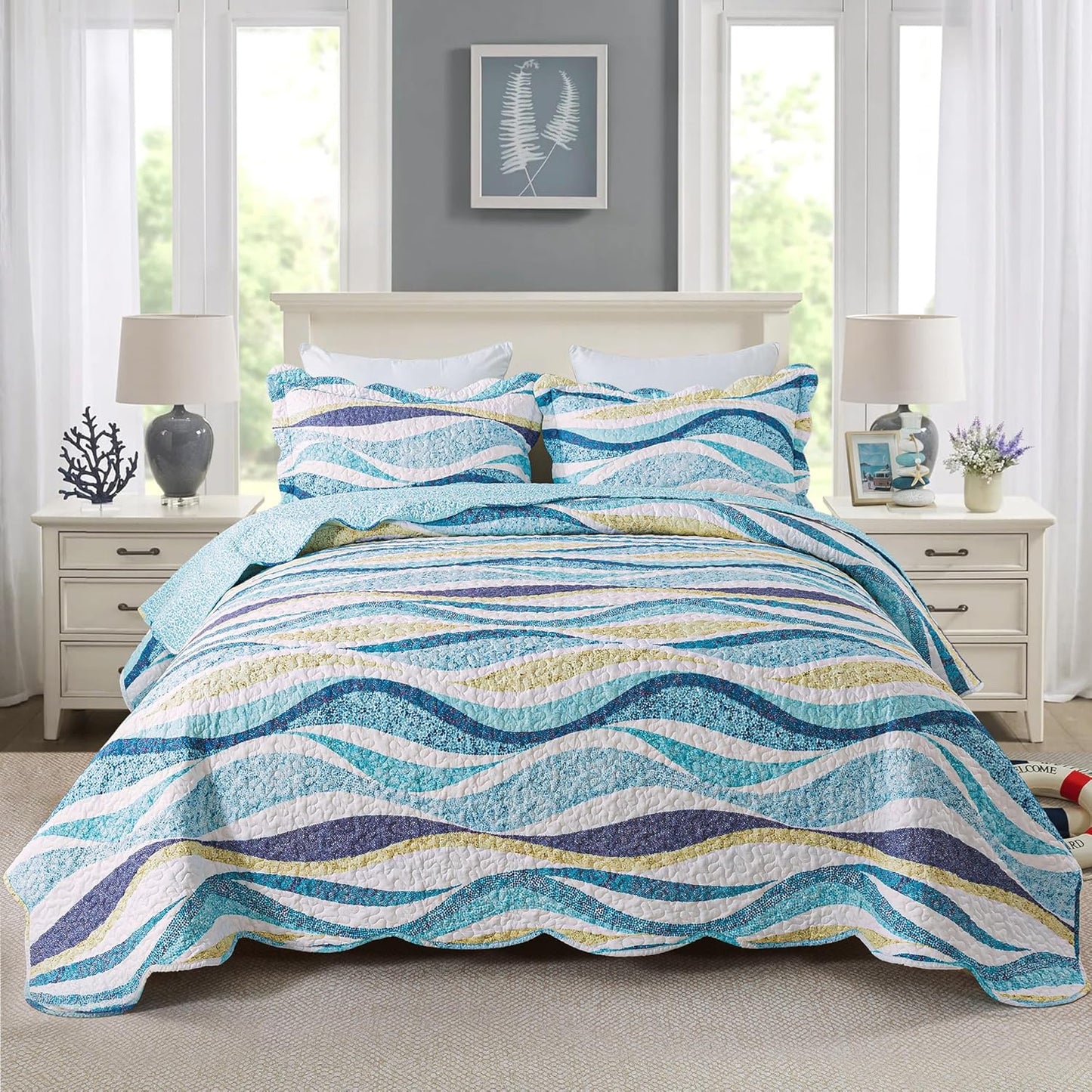 HoneiLife Beach Quilt King Size - Nautical Coastal Bedspread Set