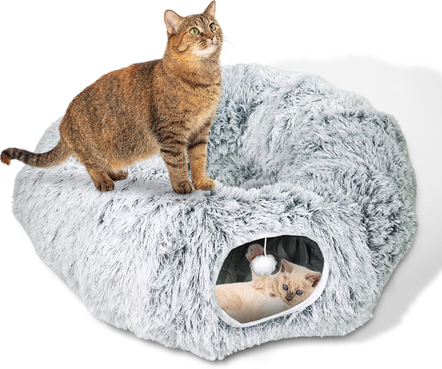 Cozy Donut Tunnel Bed for Indoor Cats with Pom Toy in Gray