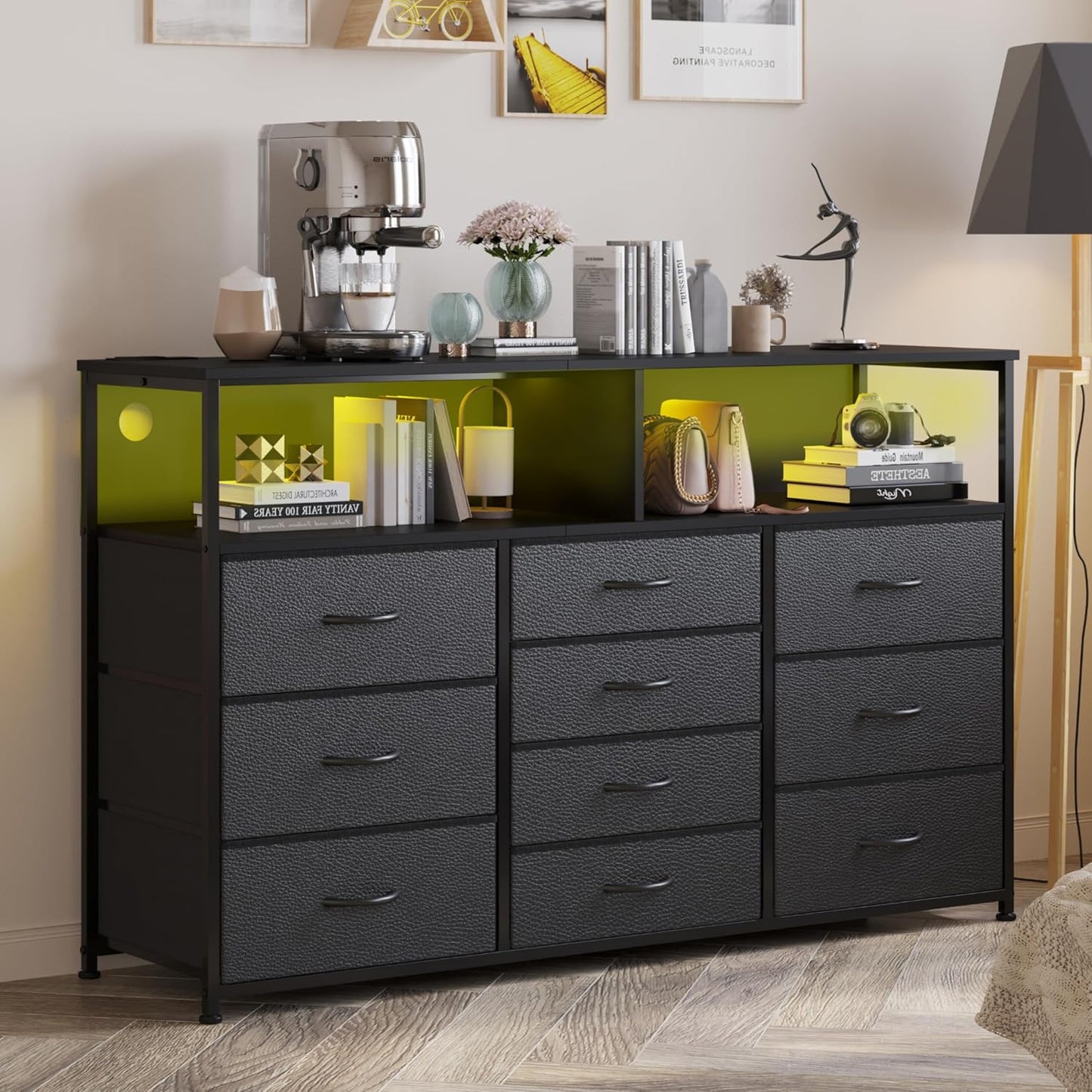 55W 10-Drawers Dresser with LED Lights and Power Outlets
