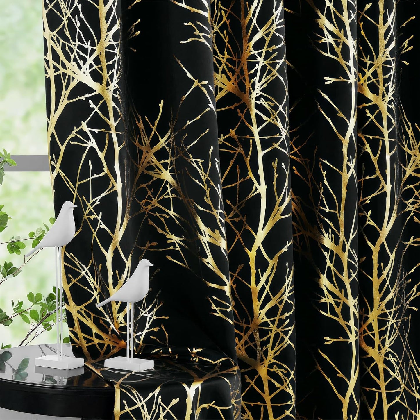 FMFUNCTEX 100% Blackout Curtains with Gold on Black Tree Design