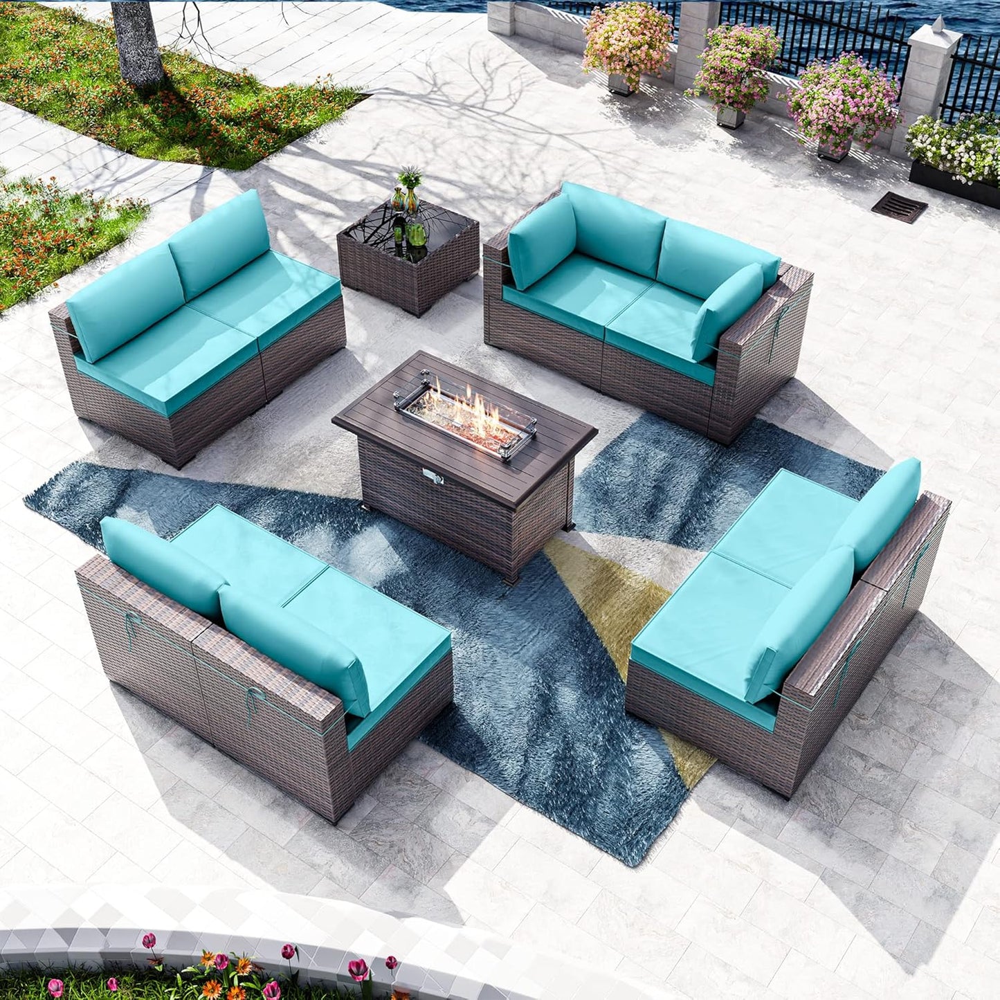 Kullavik 10 Pieces Outdoor Patio Furniture Set with Fire Pit