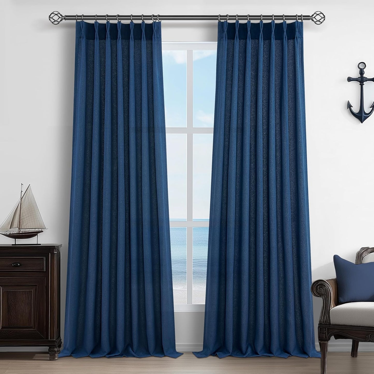 Thick Linen Navy Blue Sheer Curtains 96 Inch Long for Bedroom