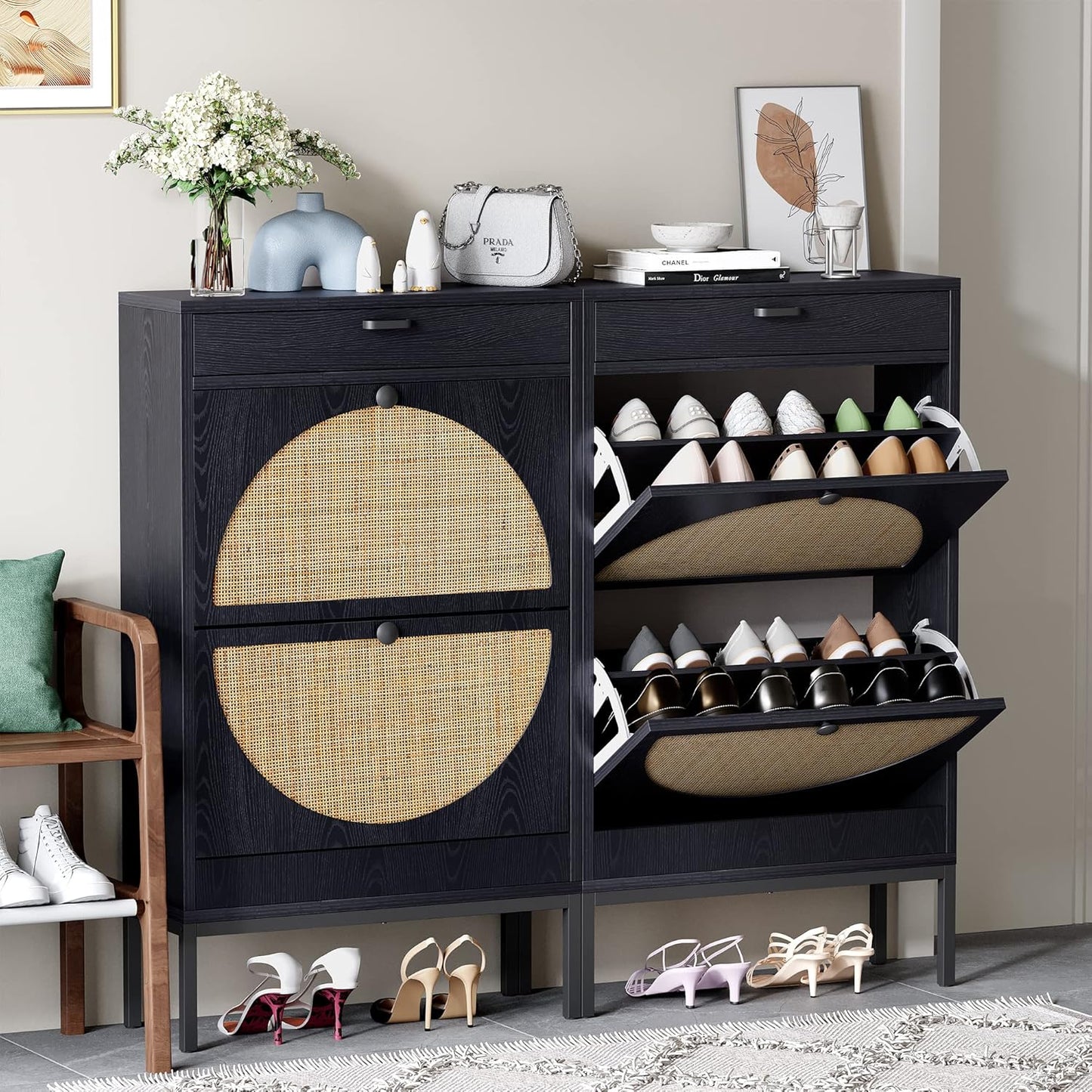 Yechen Shoe Rack Storage Organizer with Rattan Doors for Entryway