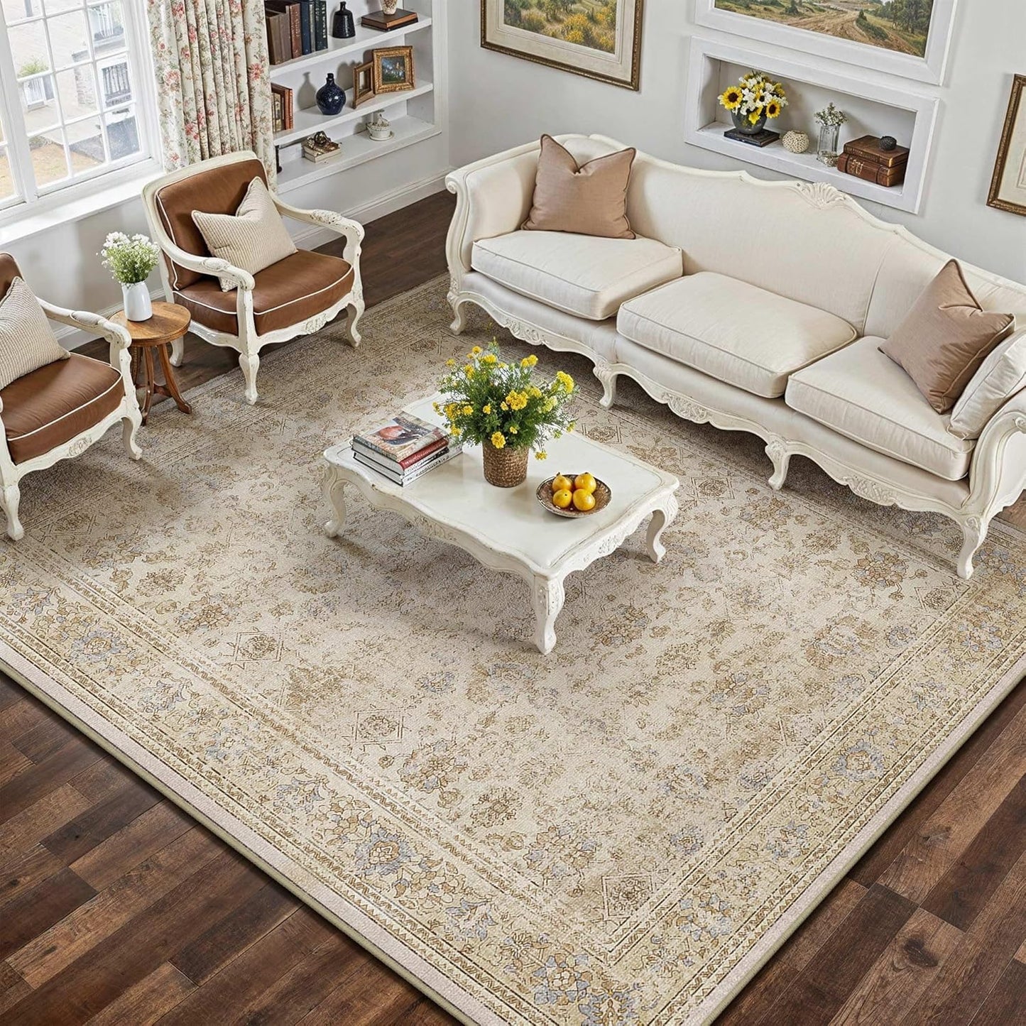 5x7 Area Rug Beige Vintage Machine Washable for Living Rooms