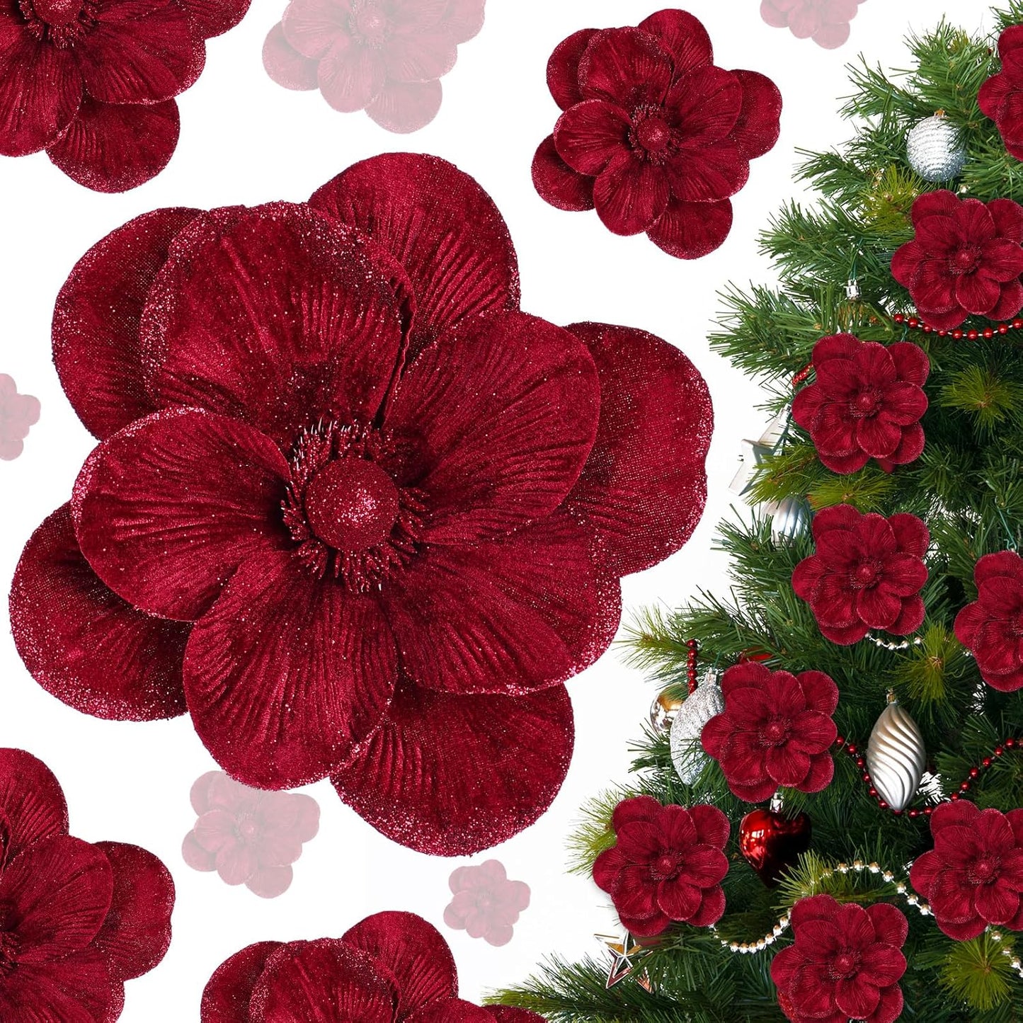 12 Pcs Large Velvet Christmas Poinsettia Magnolia Flowers
