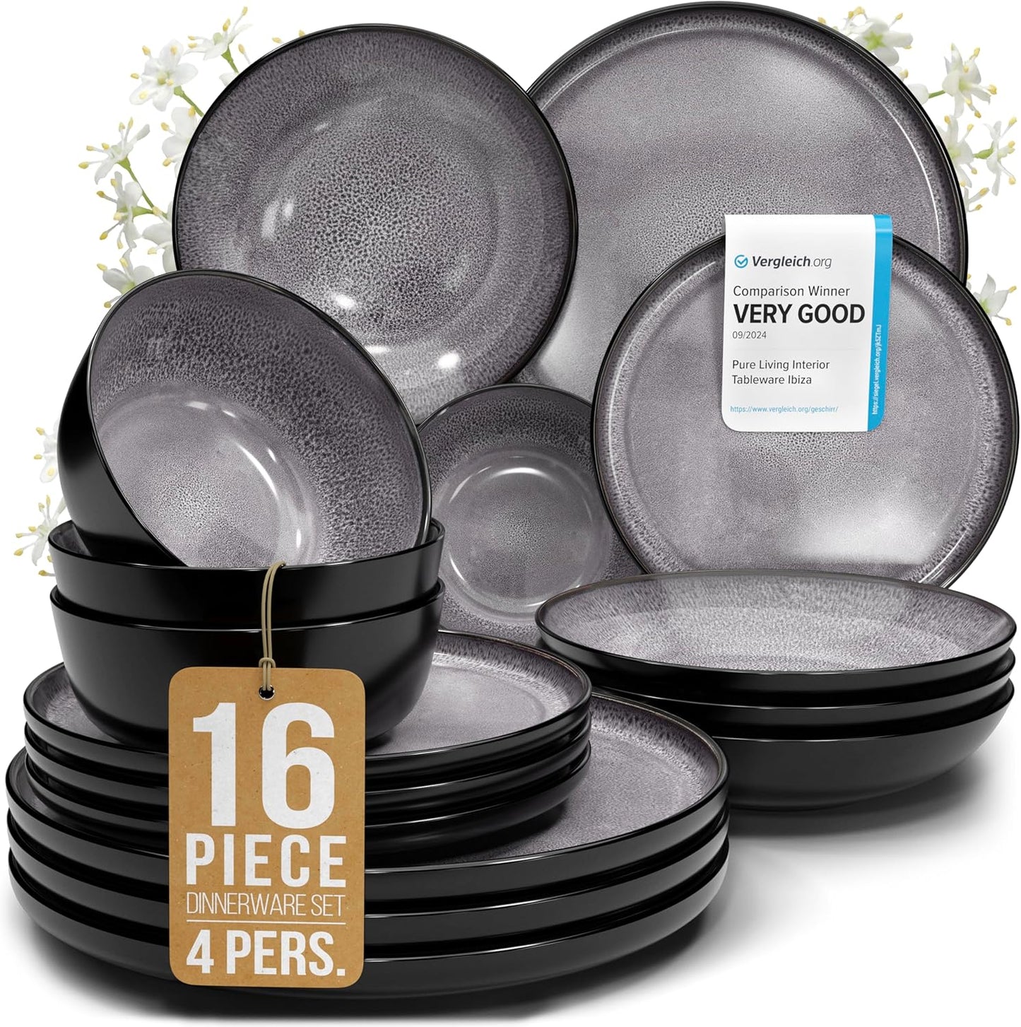 Stoneware Dinnerware Set for 4 Persons - 16 Pcs Modern Elegance