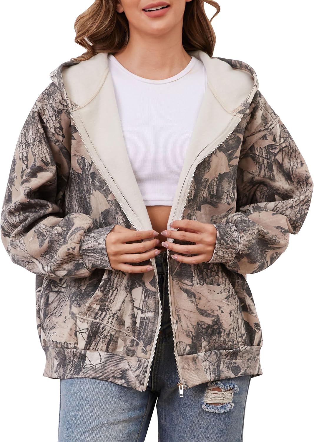 Eutten Womens Camo Fleece Hoodie with Maple Leaf Print