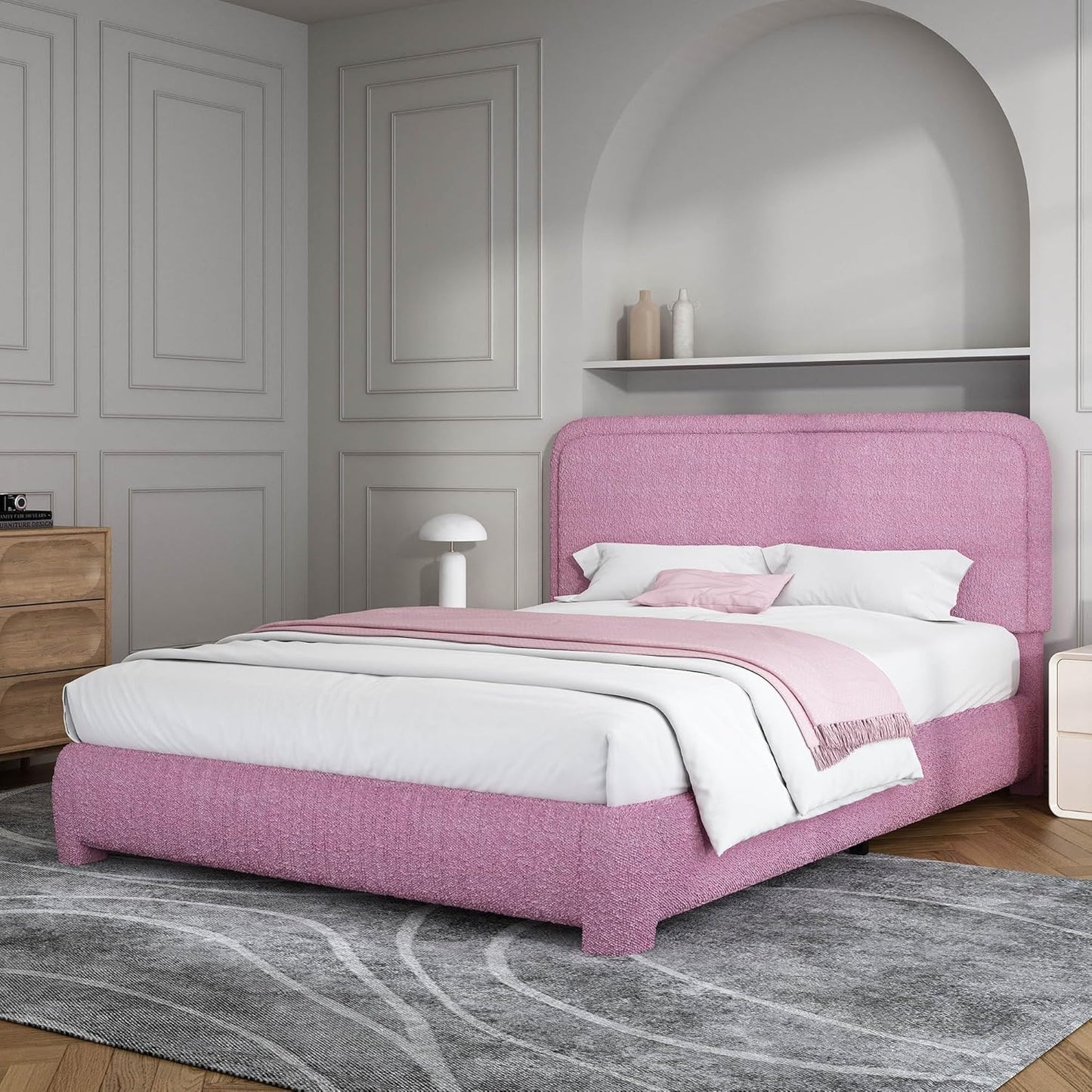 BarnFurin Full Size Bed Frame with Headboard in Rose Pink