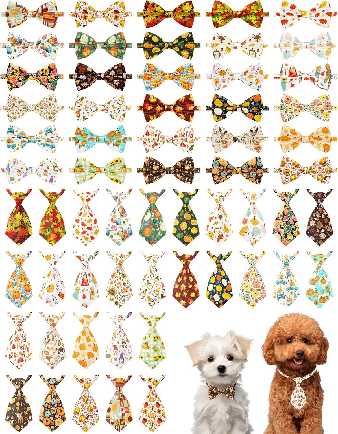 Fall Dog Collar Bow Ties and Neckties Set for Pets - 60 Pack