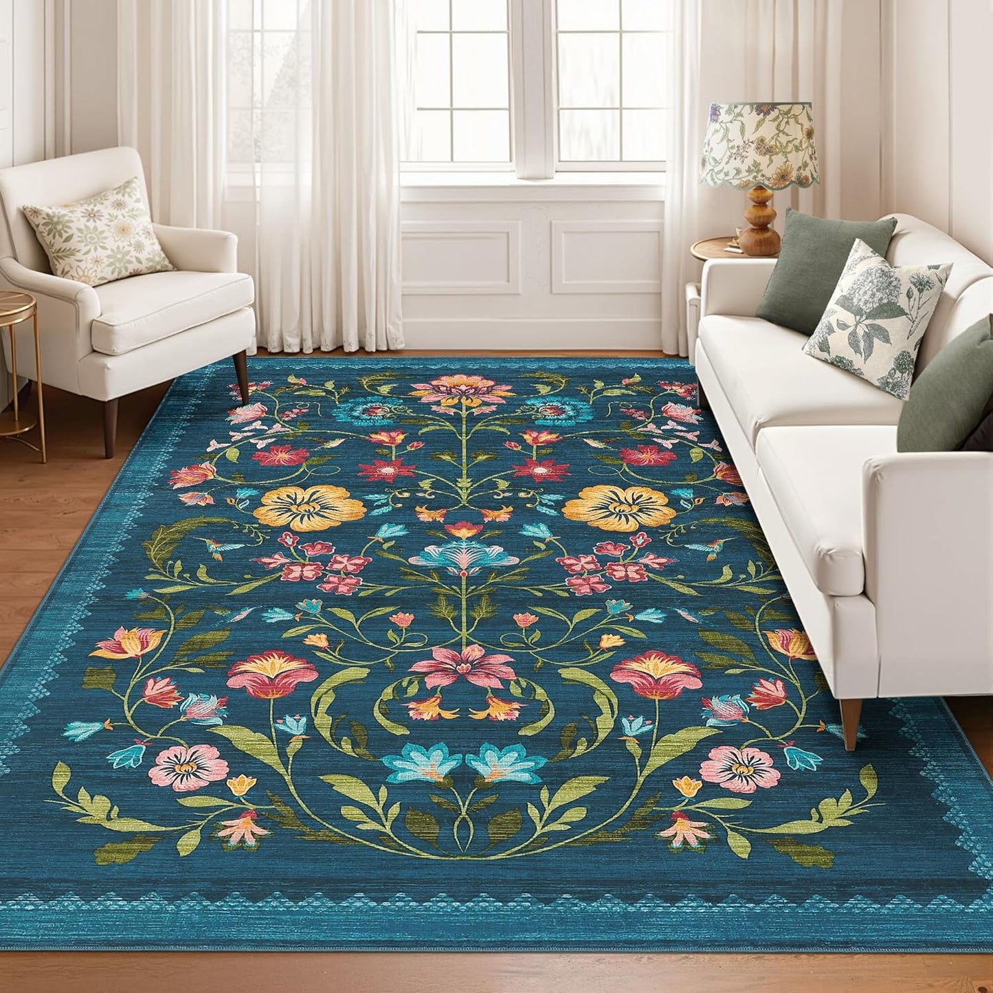 Washable 8x10 Area Rug for Living Room, Floral Vintage Design