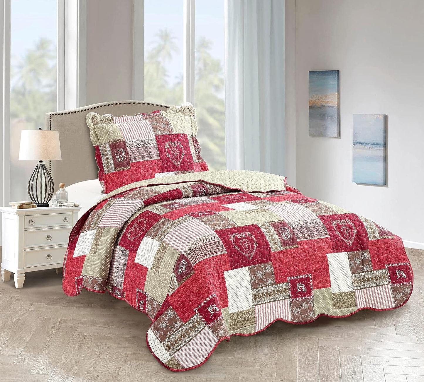 Brilliant Sunshine Burgundy Heart Love Quilt Set for Twin Beds
