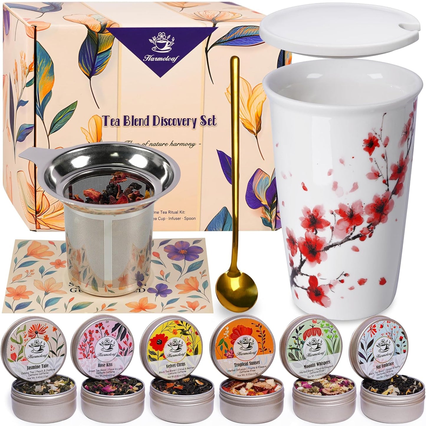 Harmoleaf Tea Gift Set for Women - Elegant Herbal Blends & Cup