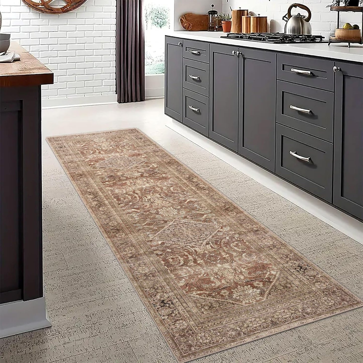 Vintage Washable Non-Slip Runner Rug for Hallways and Entryways