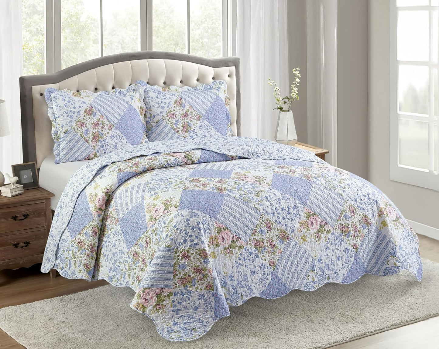 Blue Rose Patchwork Quilt Set for Full/Queen Bed by Brilliant Sunshine