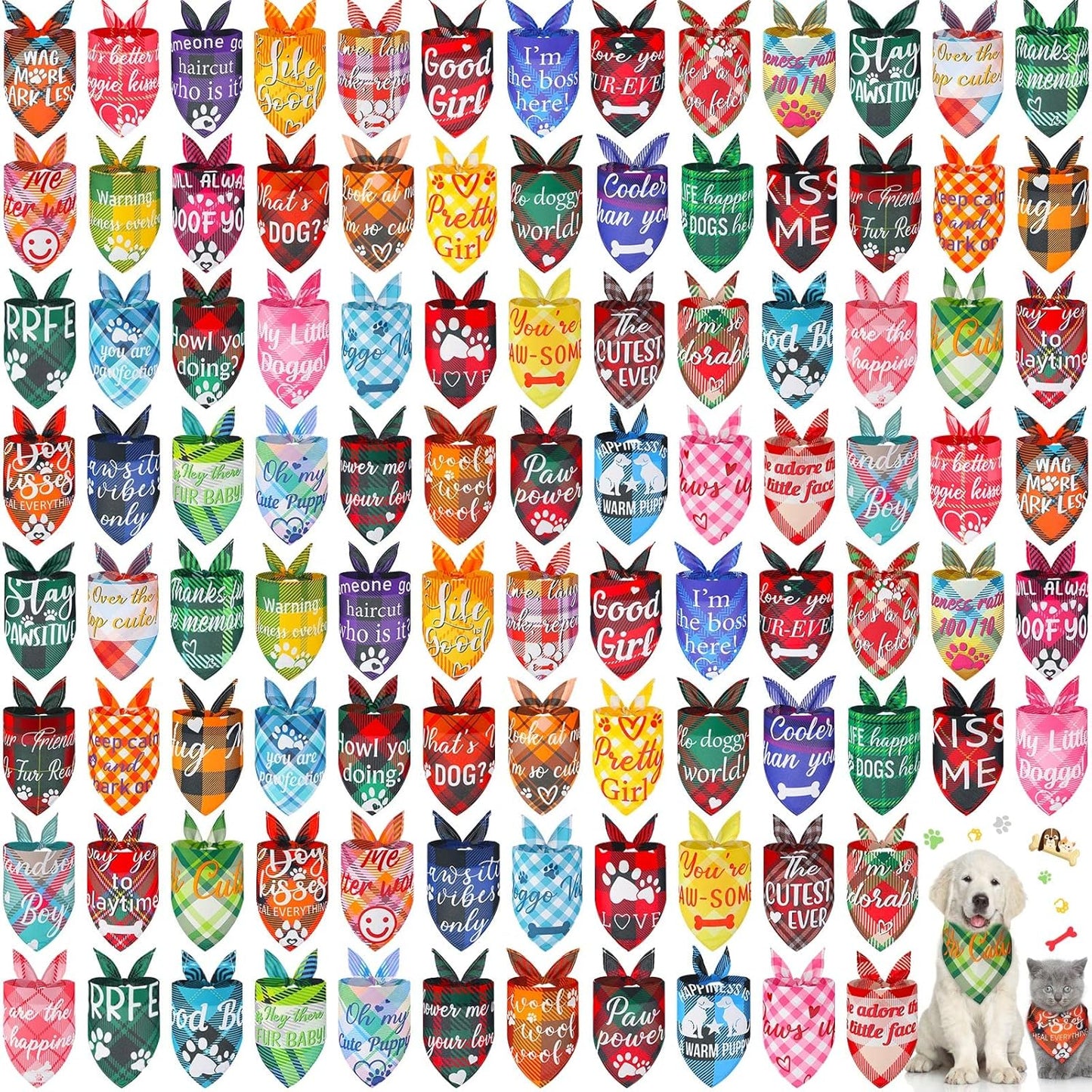 100 Pcs Plaid Dog Bandanas for Small to Medium Pets