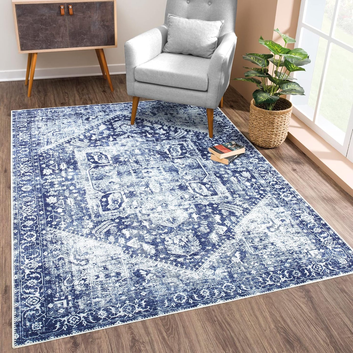 Bloom Rugs Washable Non-Slip 3ft x 5ft Blue/Ivory Area Rug