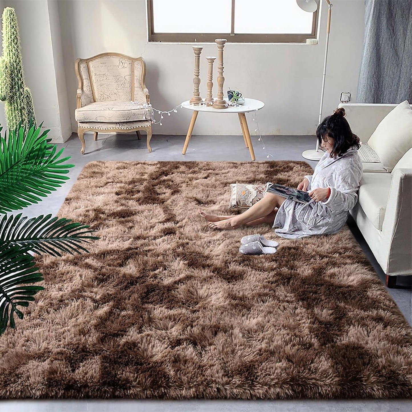 DweIke Fluffy Brown Rugs for Bedroom Living Room, 5x8 Feet