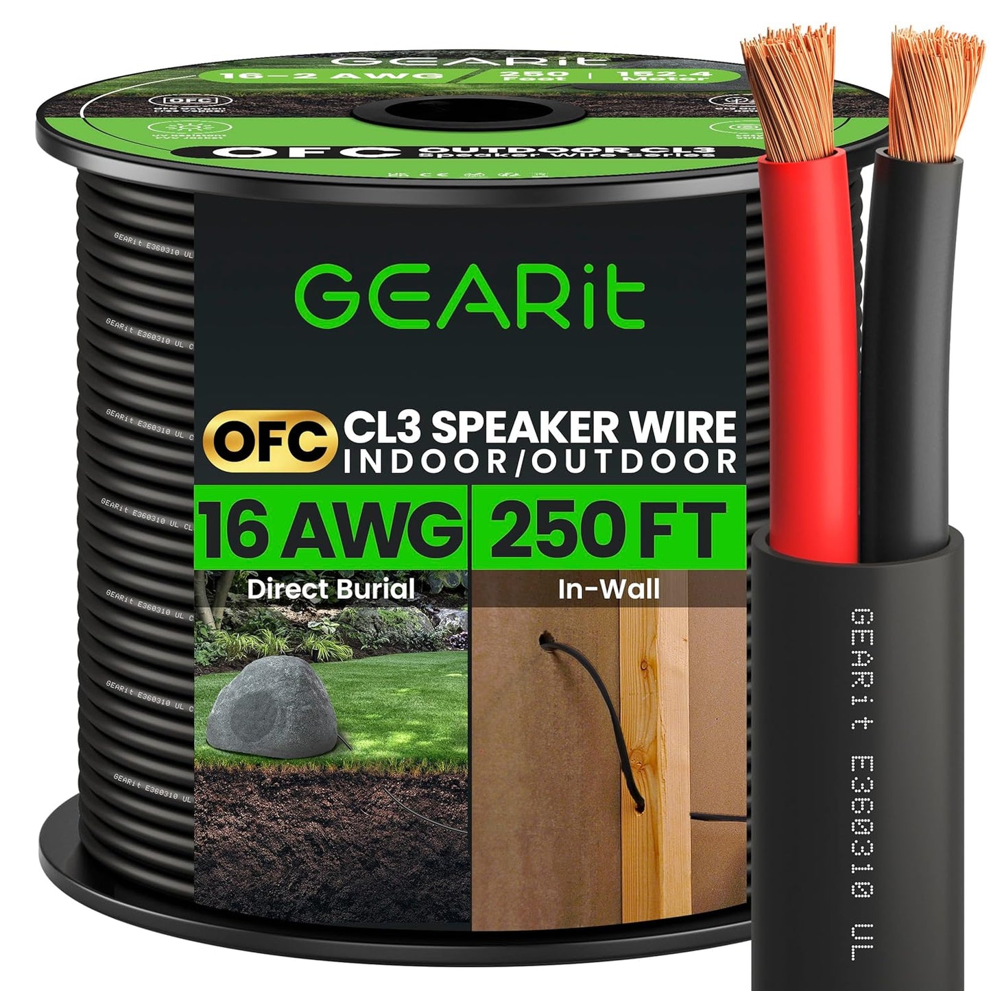 GearIT 16/2 Speaker Wire - 250ft OFC Copper - Outdoor/In-Wall Rated
