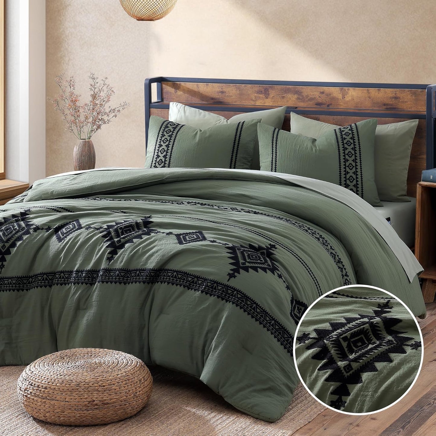 MAIREVE Olive Green Embroidery Comforter Set for Queen Size Beds