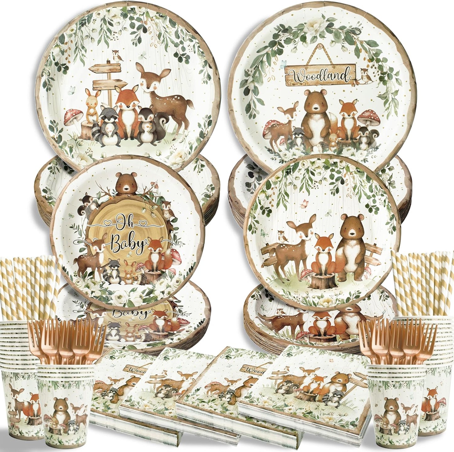 300Pcs Woodland Baby Shower Party Supplies for 50 Guests