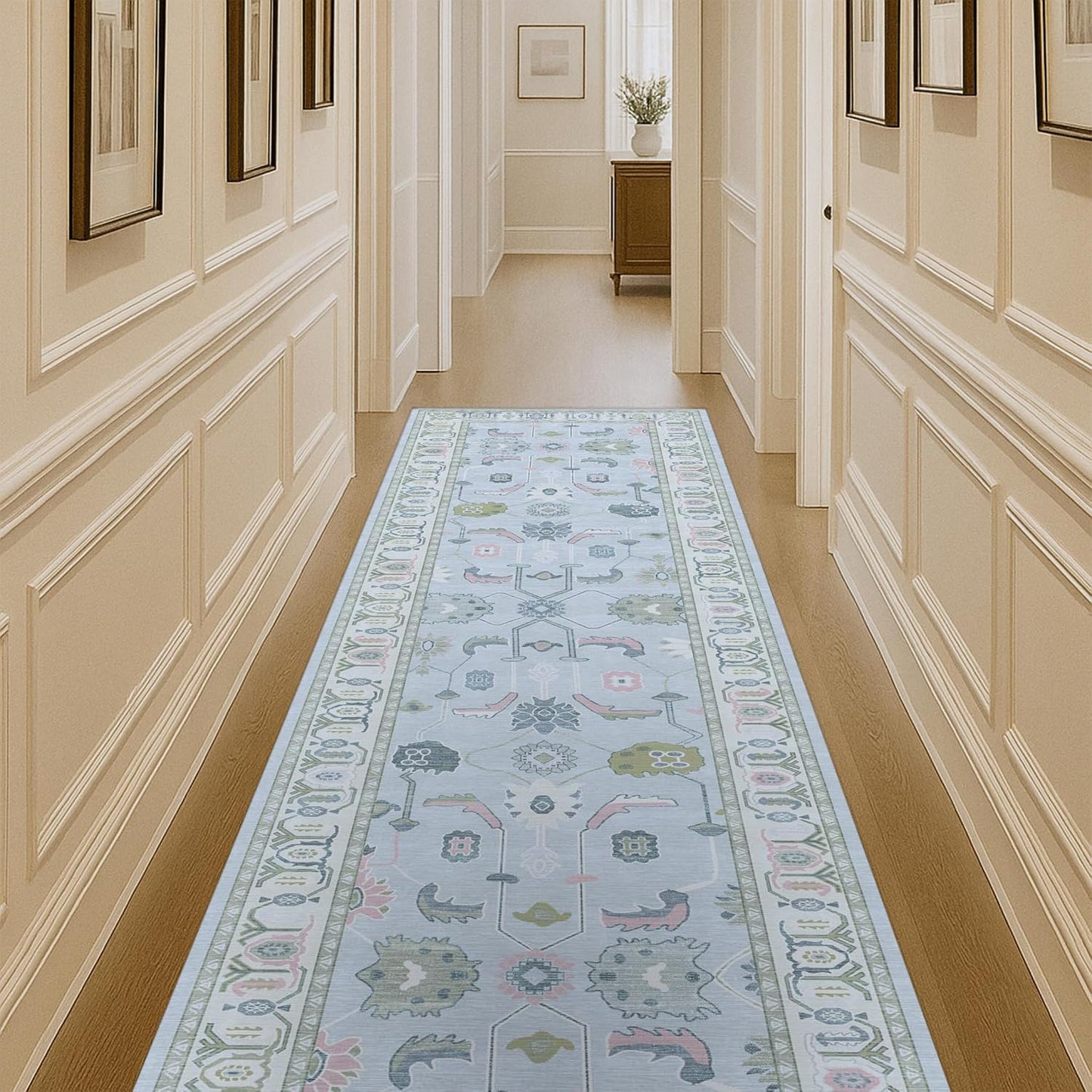 Cream Blue Oushak Runner Rug for Hallway and Kitchen Use
