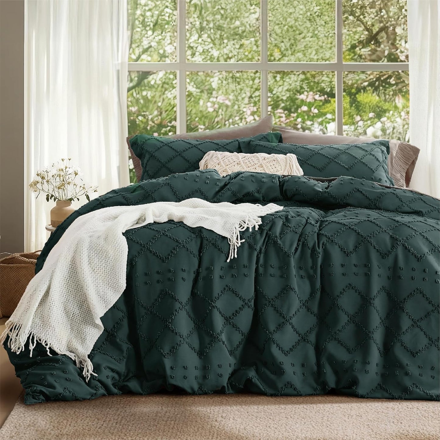 Boho Duvet Cover King Size in Forest Green for Chic Bedding