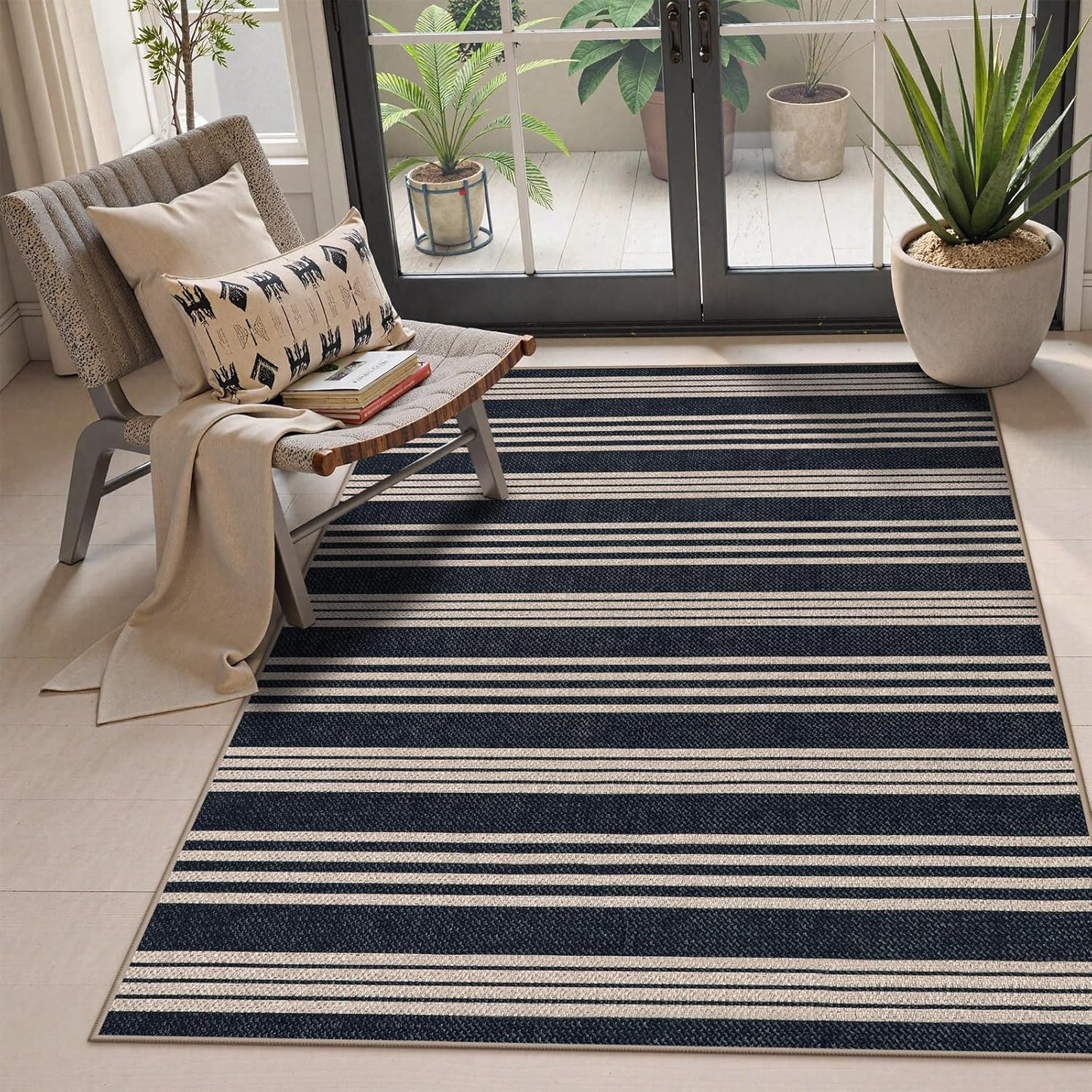 Lahome Striped Easy Jute Washable Rug for Indoor Outdoor Use