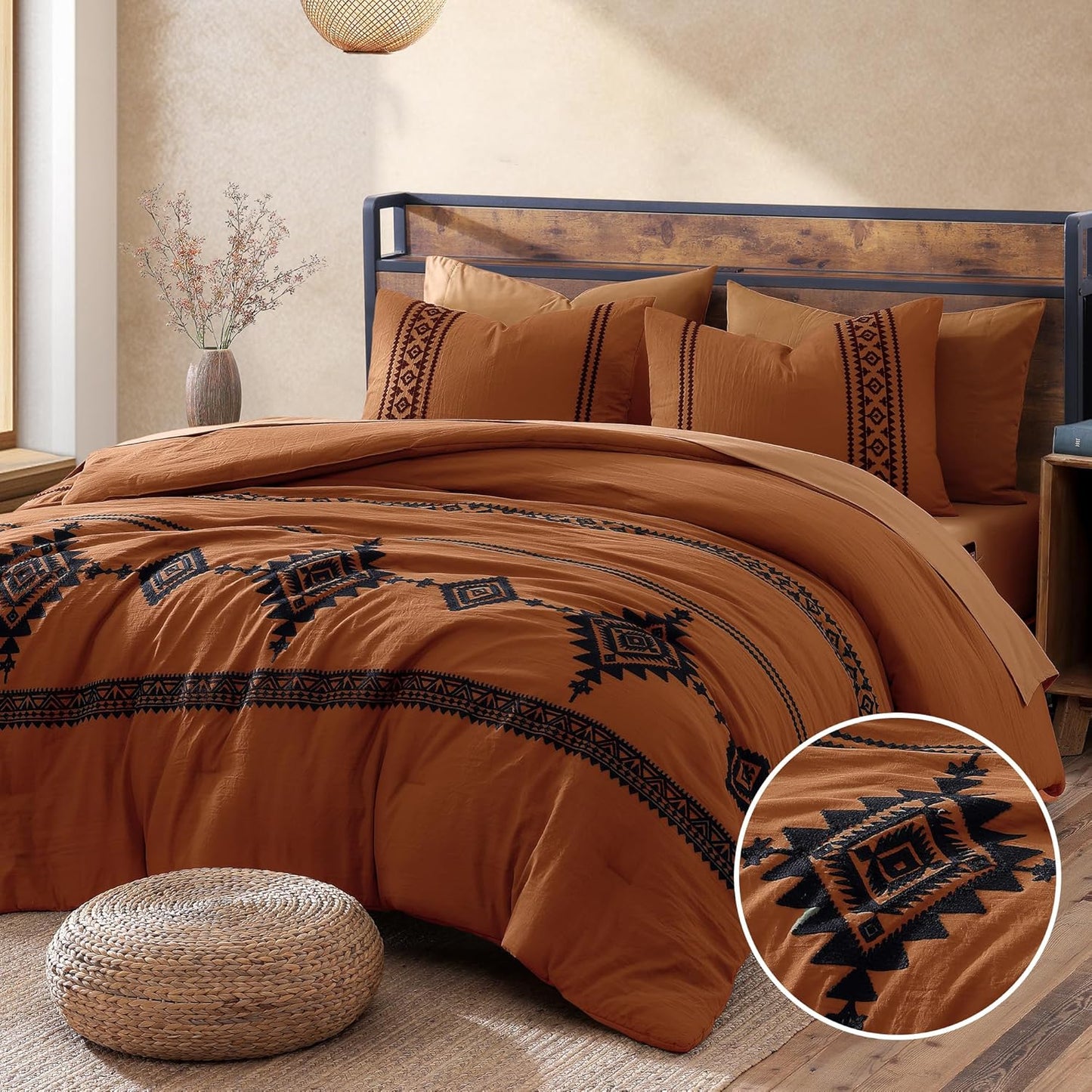 MaiReve Burnt Orange Embroidery Comforter Set for Cozy Bedrooms