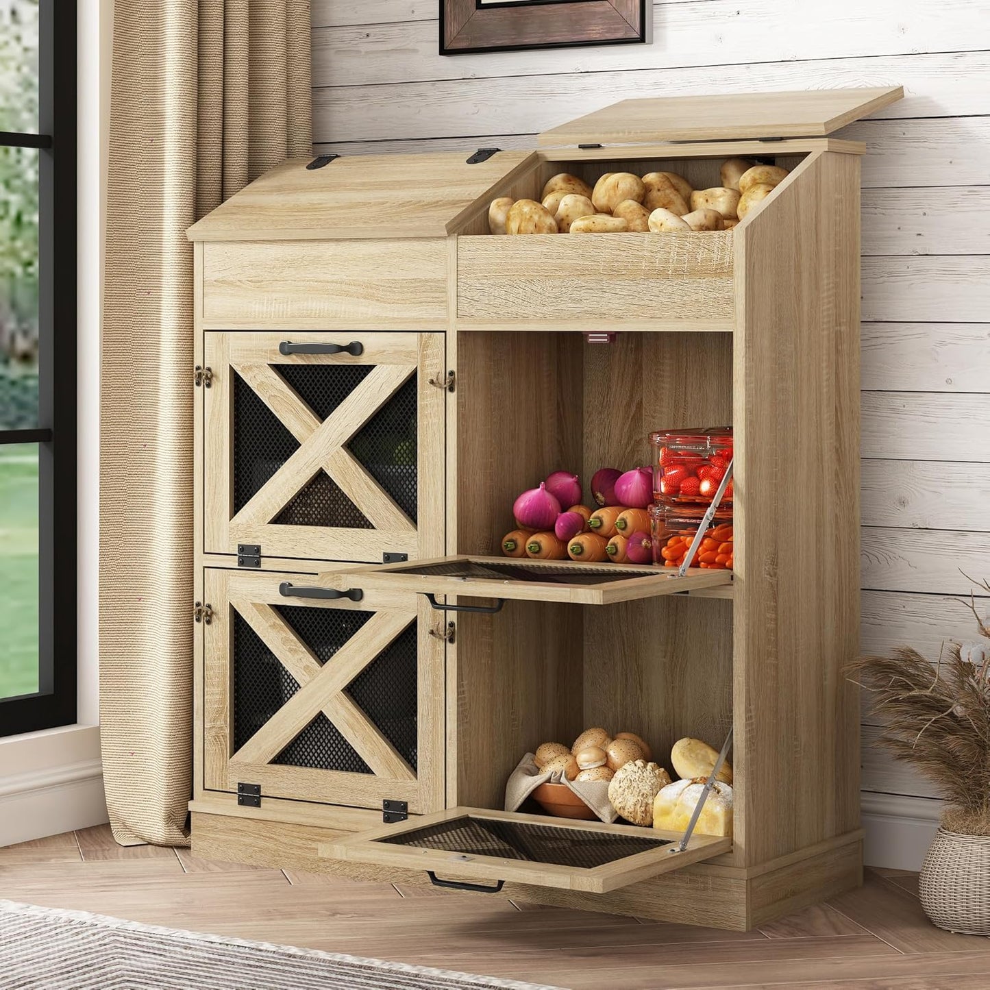 Large Wood Bread Box for Potato and Onion Storage Solution