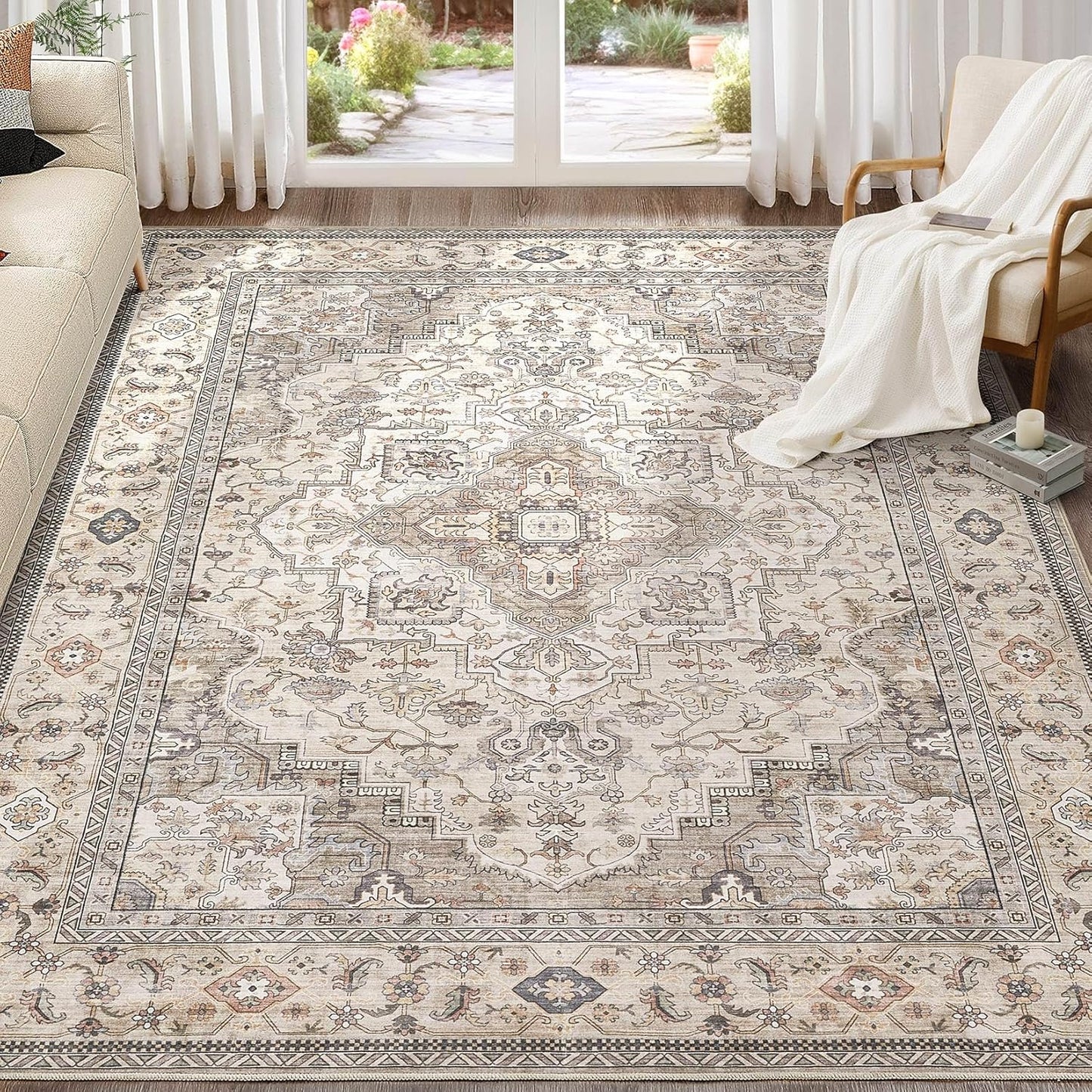 Washable Area Rugs for Living Room - Vintage Distressed Floral